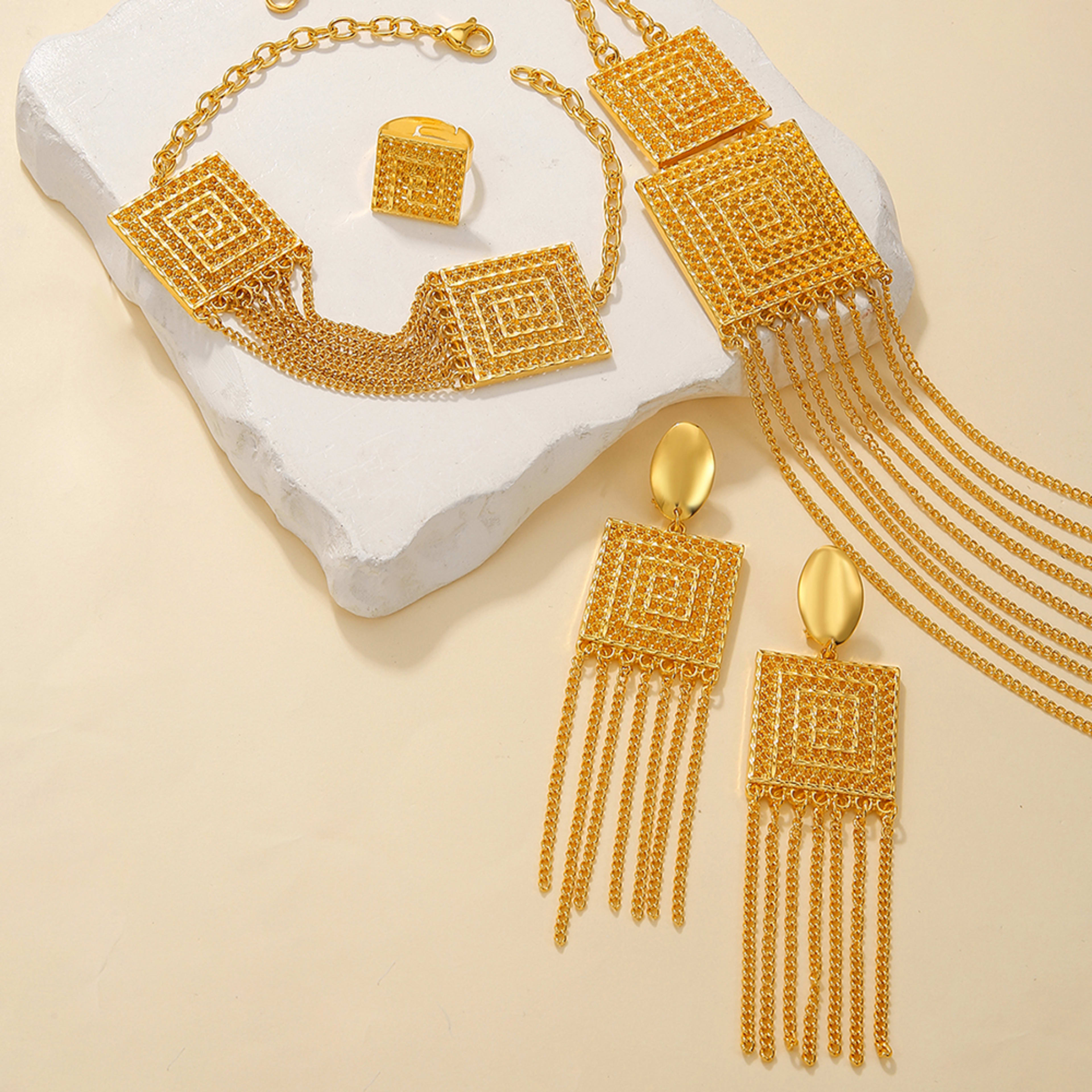 5pcs Fashion Ladies 18k Gold Plated Jewelry Set Tassel For Holiday Wear, Wedding Scene Jewelry, Multi-layered Temperamen 1