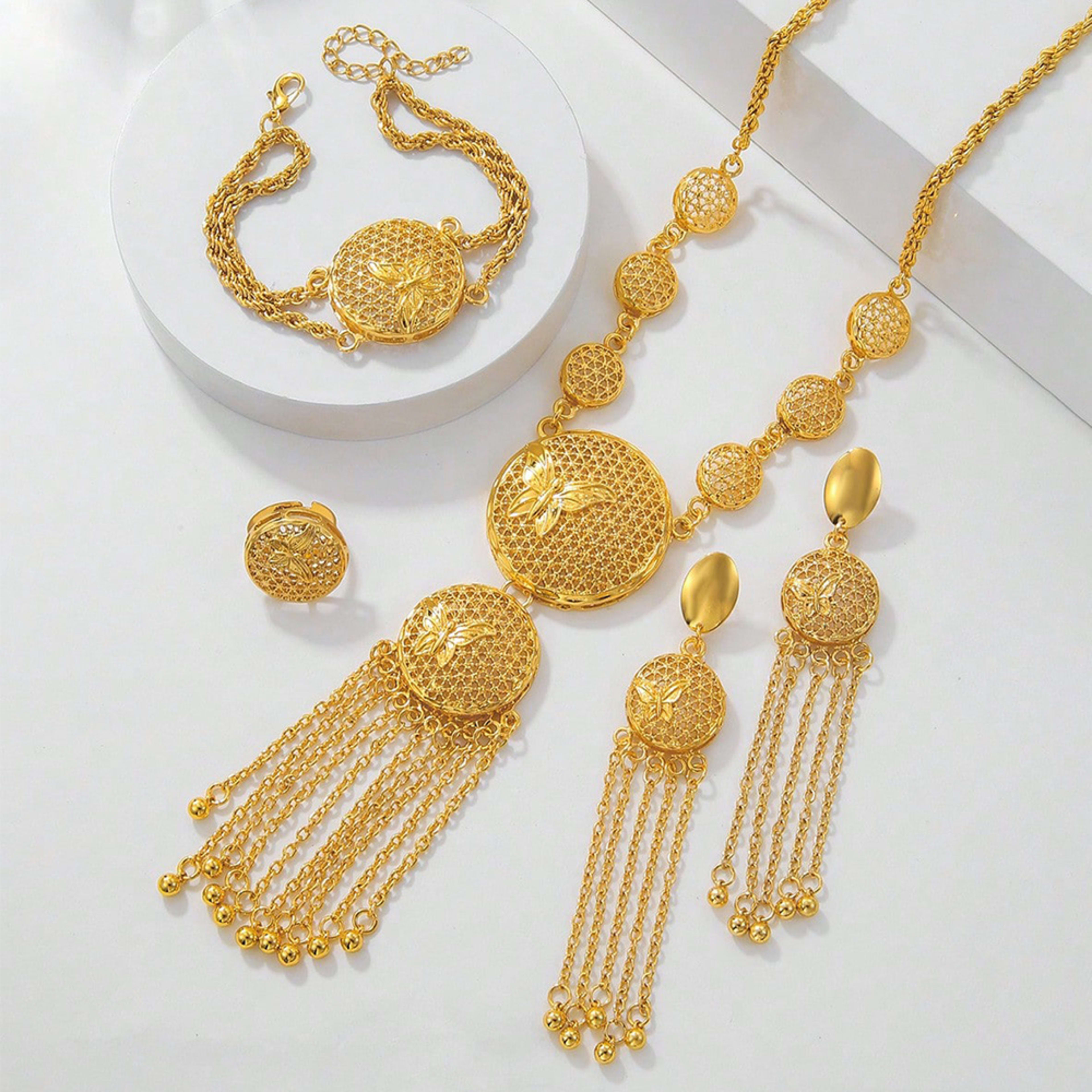 1 Set Of Fashionable And Gorgeous Butterfly Middle East Set, Wedding Decoration Necklace, Earrings, Bracelets, Ring Set  2