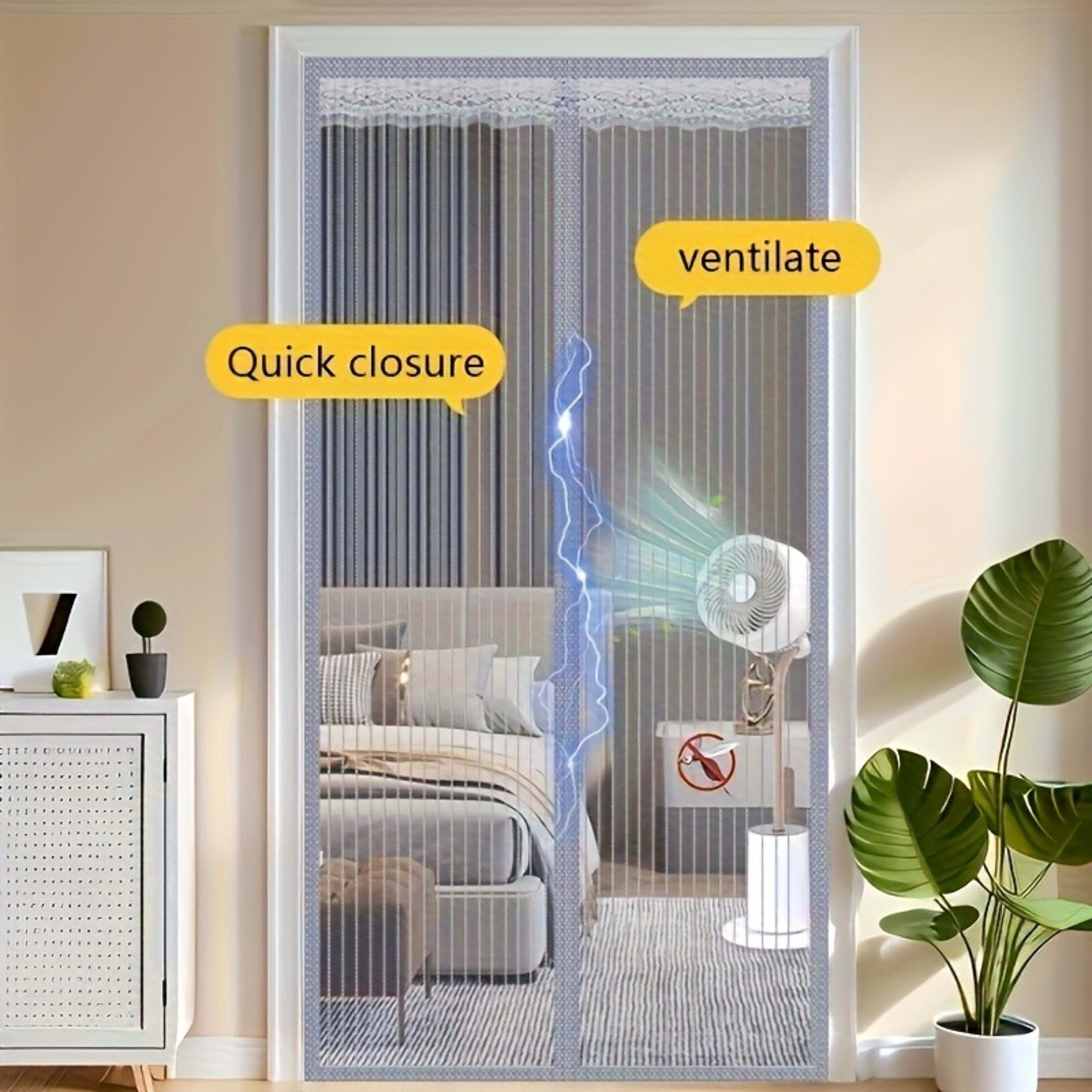 Magnetic Screen Door Curtain - Manual Or Automatic Closing Mesh, White Stripe Design, Mosquito-proof Summer Breathable P 3
