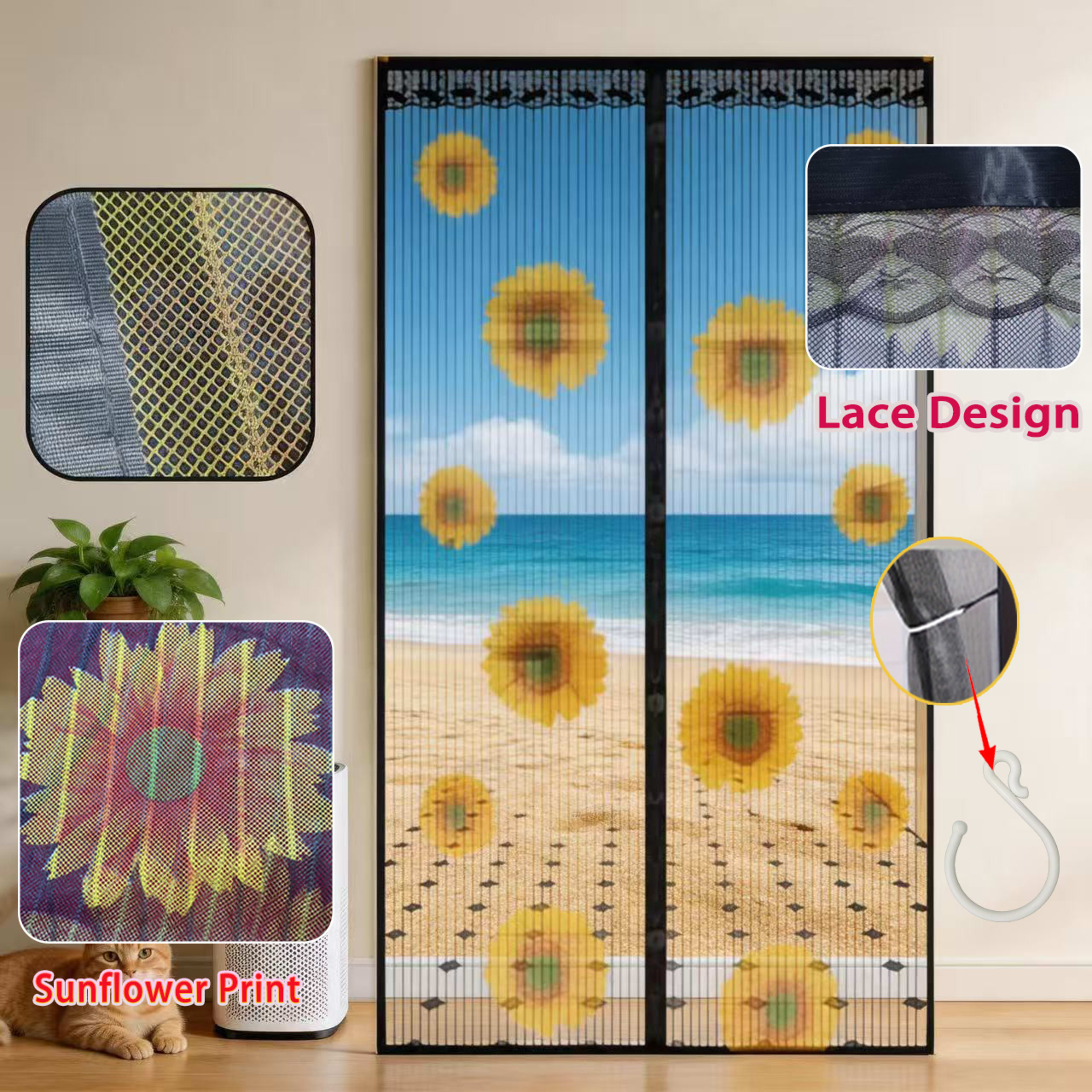 Magnetic Screen Door, Sunflower Print Mesh Curtain With Lace Edge, Hands-Free Self-Closing Insect Mosquito Net, Keep Bug 1