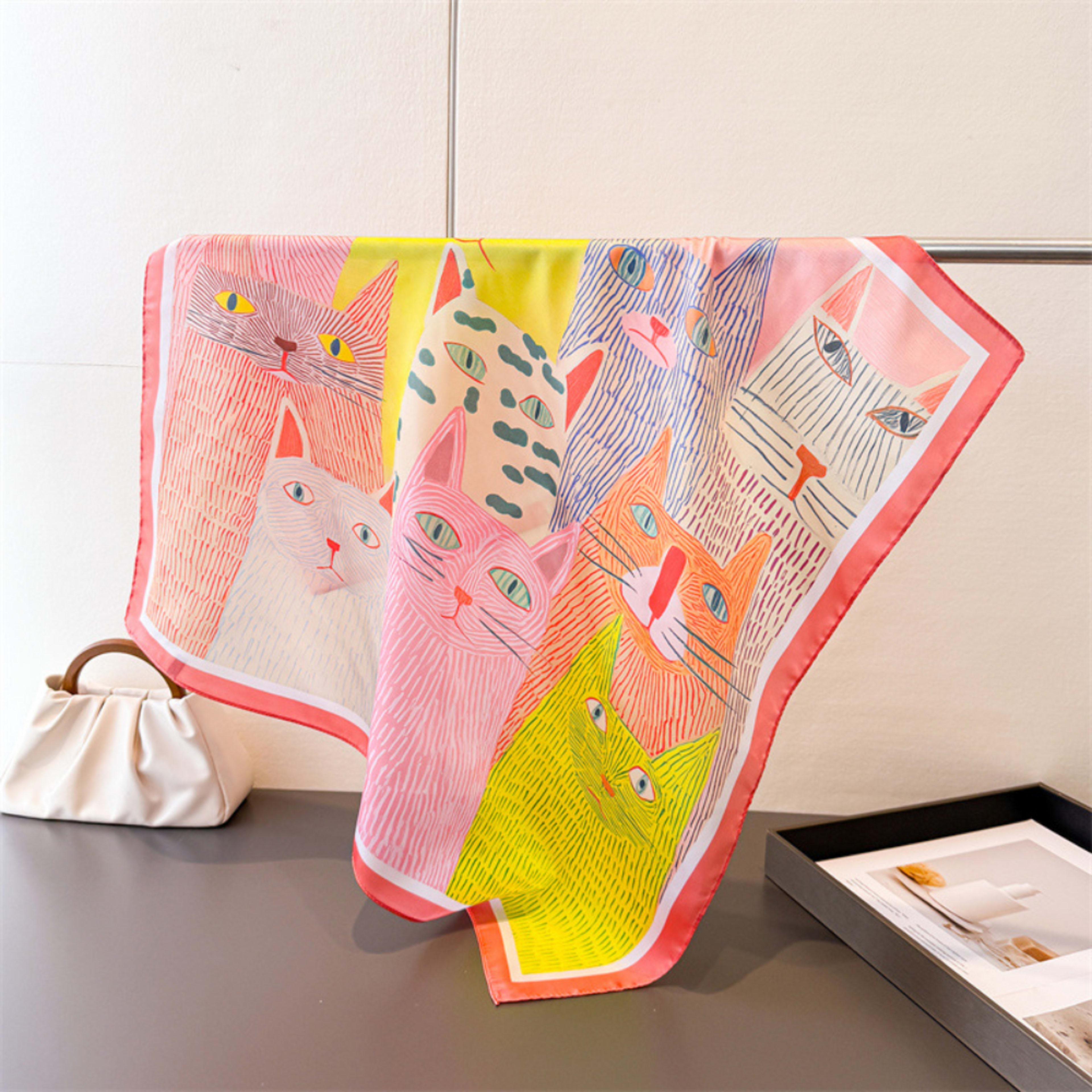 Cartoon-printed Cat Small Square Scarf With Silk Satin Surface. Cute Animal Print Decorative Headscarf. Fashionable And  7