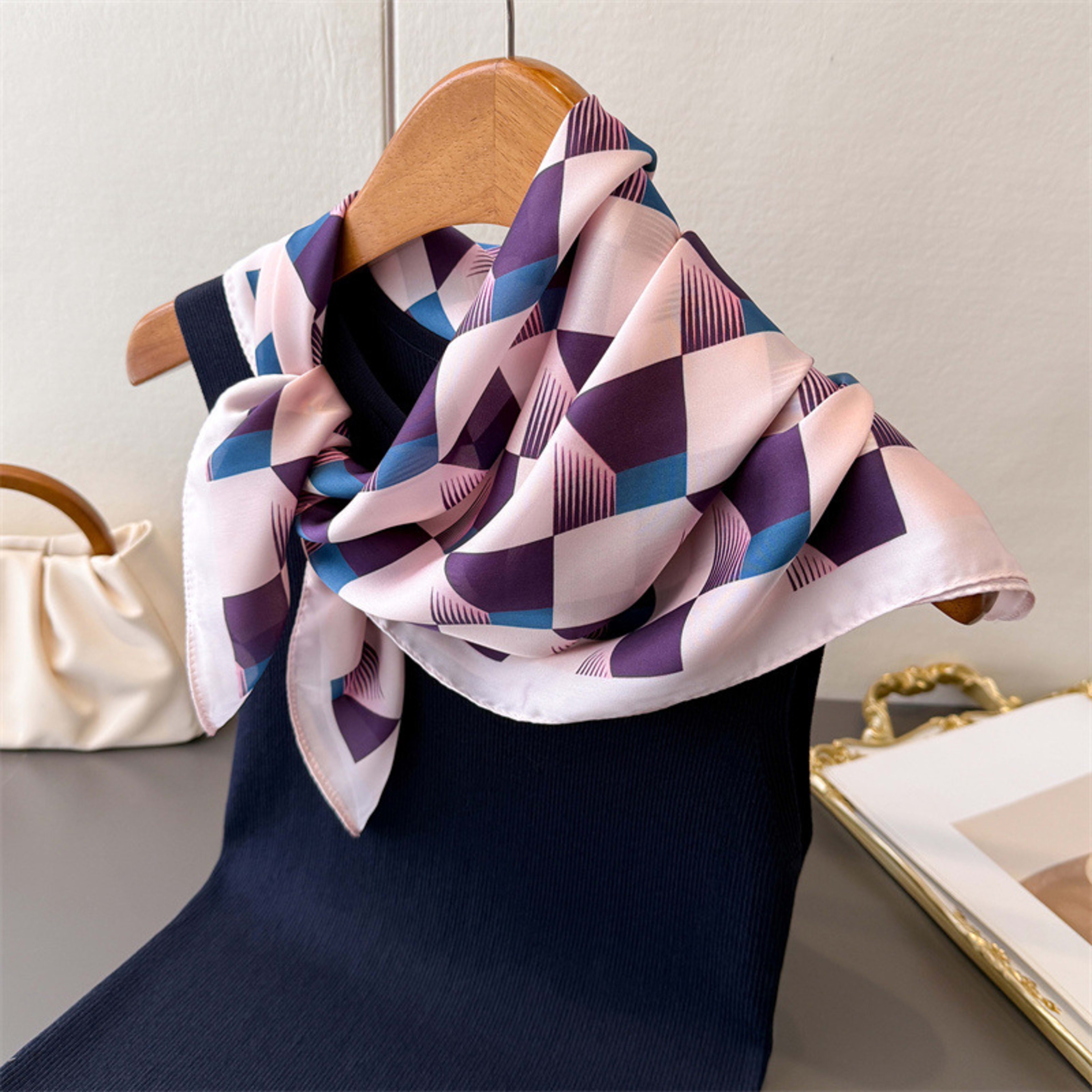 Korean-style Gentle Style Solid-checkered Wide Scarf With Multi-color Printed Fabric, Suitable For Women's Daily Wear As