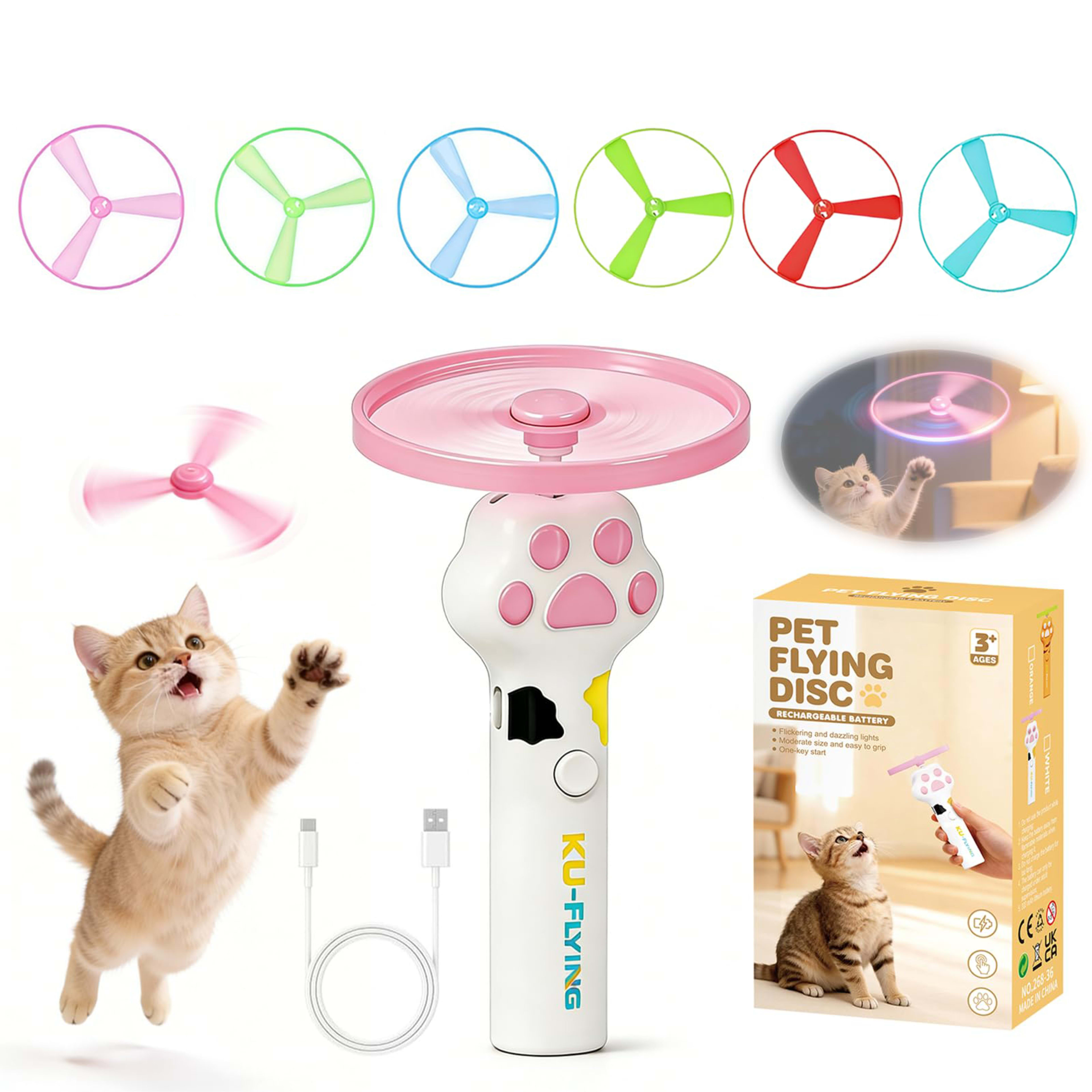 Cat Fetch Toy Launcher,Flying Disc Launcher Toy Rechargeable With 6 Flying Discs,Flying Cat Toy Disc Launcher For Kitten 7
