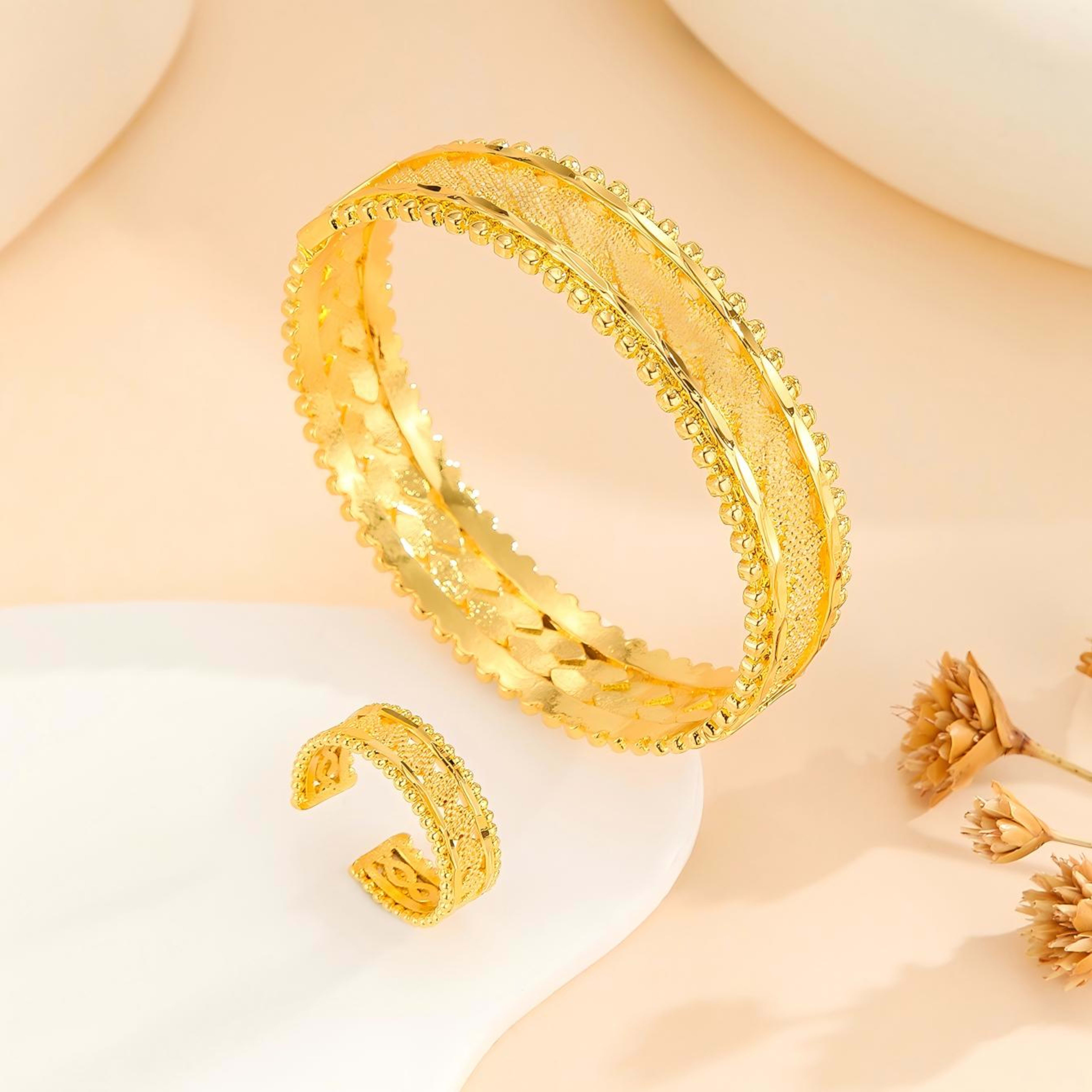 2pcs Vintage Gold Plated Bracelet, Open Bracelet Ring Jewelry, Women's Festival Wedding Jewelry Set 8
