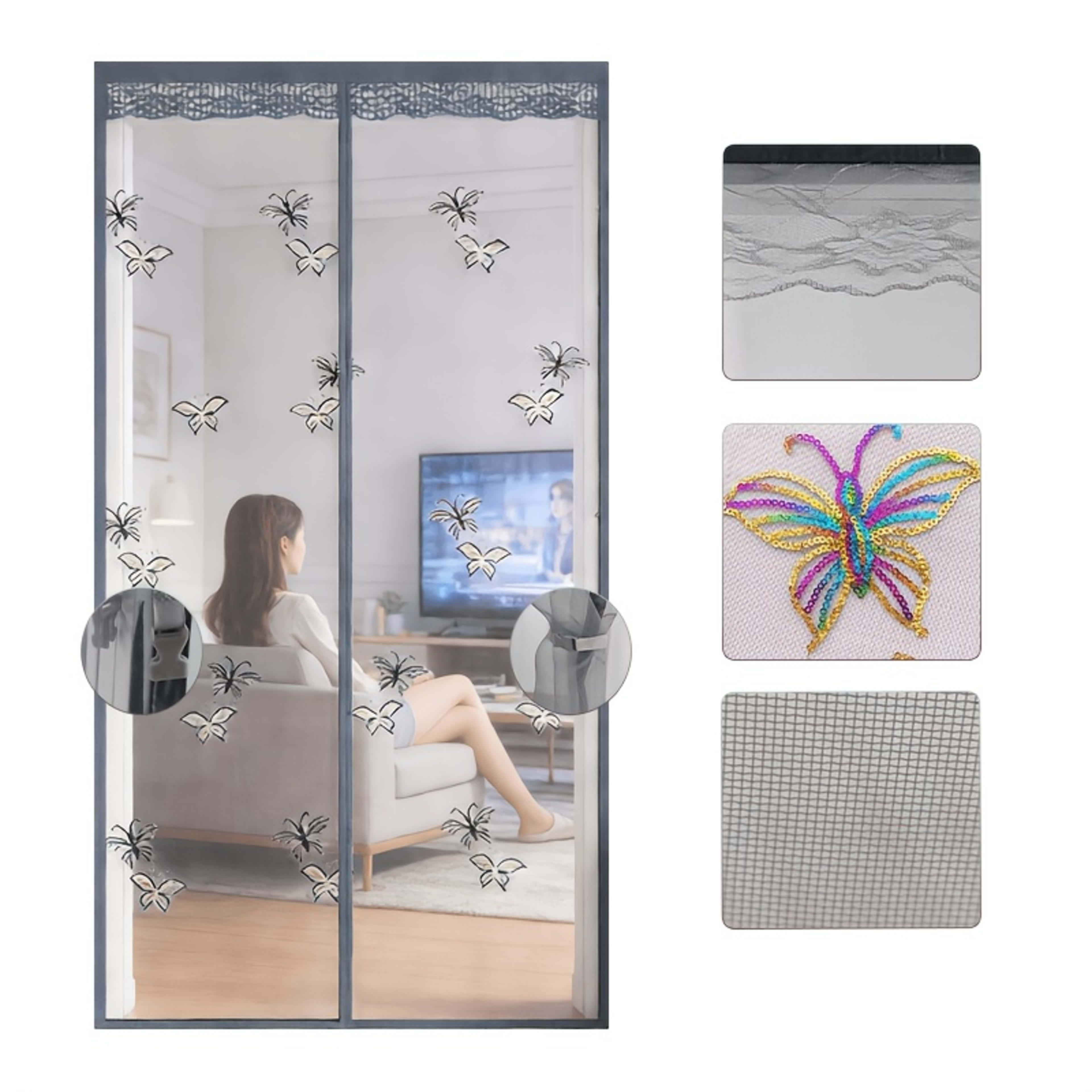Durable Mosquito Mesh Door, Butterfly Embroidery, Magnetic Auto-Close, Thick Net, Self-Adhesive, Easy Install, Bedroom,  4