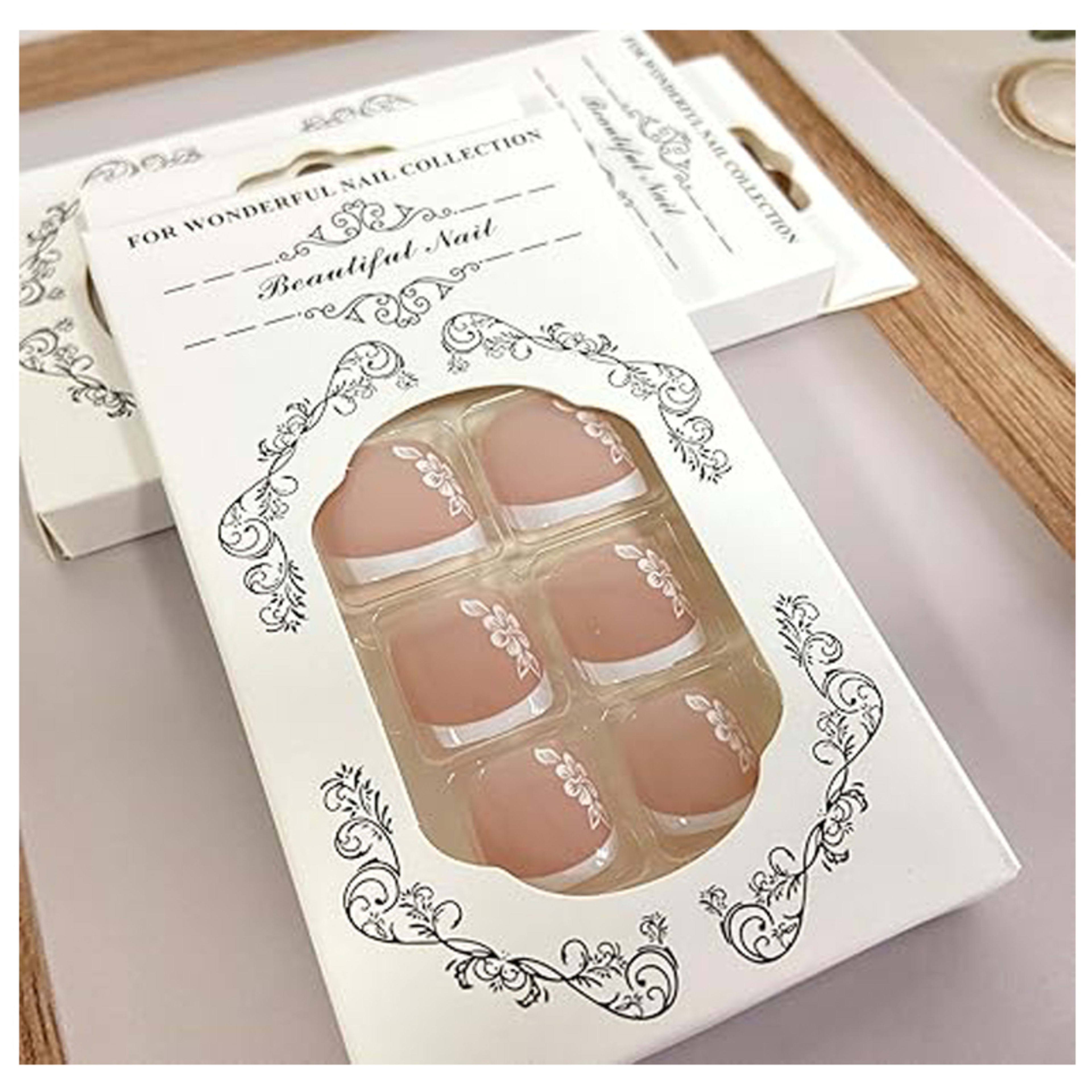 24PCS White Flowers Press On Toenails, French Tip Short Square Fake Toe Nails Full Cover ,Glue On Toenails Floral Design 4
