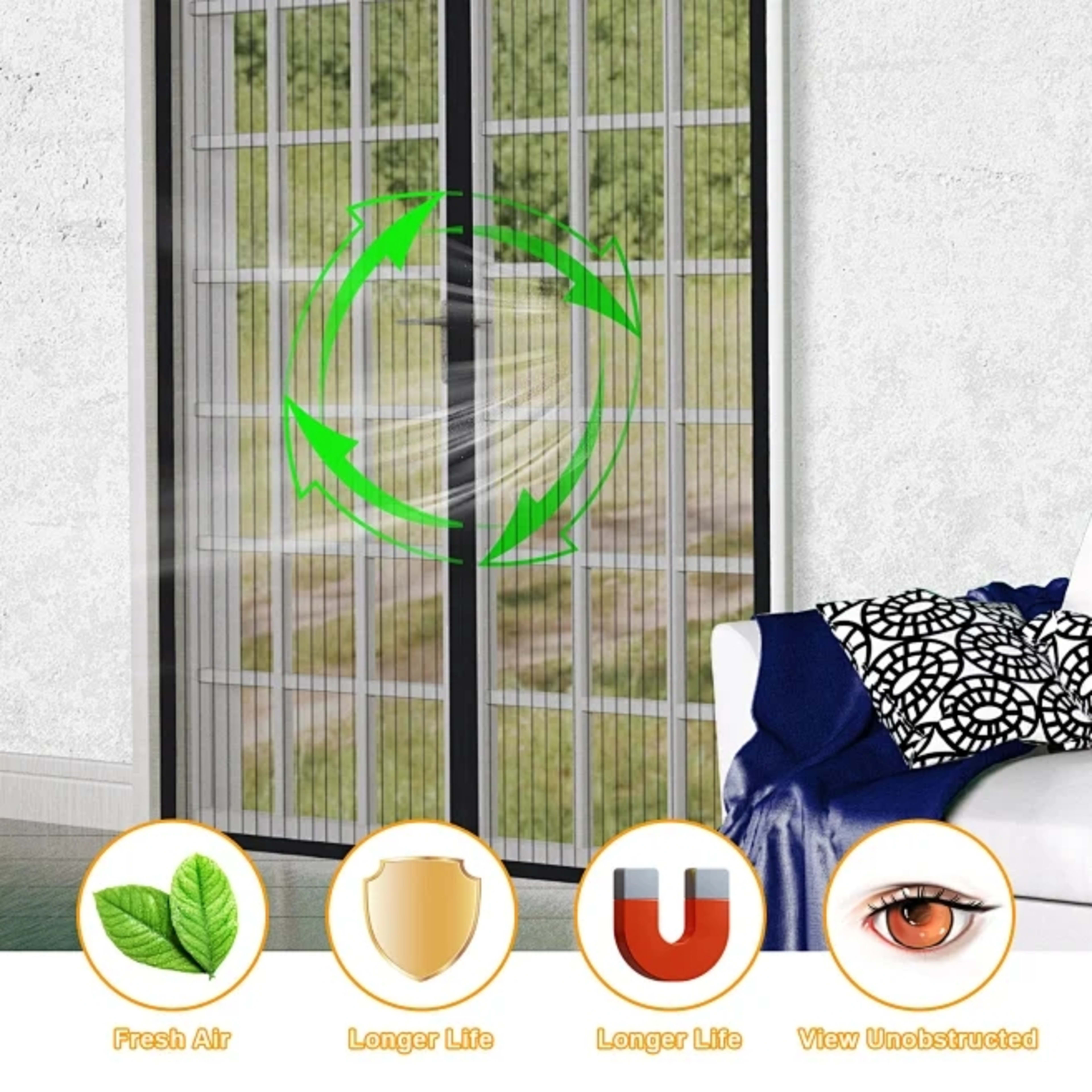 Magnetic Screen Door Curtain - Manual Or Automatic Close, Black Stripe Design, Mosquito-proof Summer Breathable Partitio 10