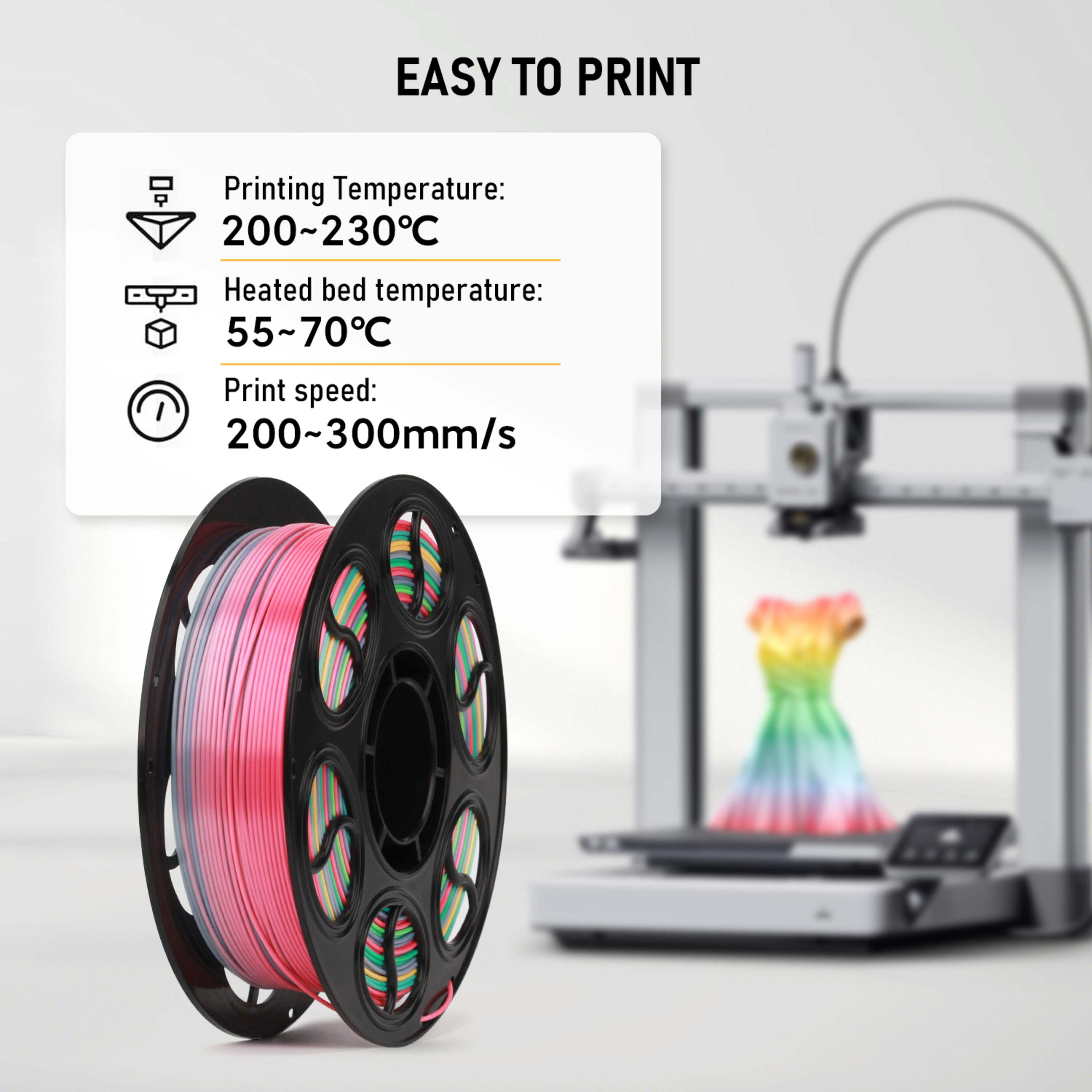 Silk PLA Filament 1.75mm Rainbow Color, 1kg Spool 3D Printer Filament, Shiny Glossy Finish, Multicolor Gradient PLA, Low 7