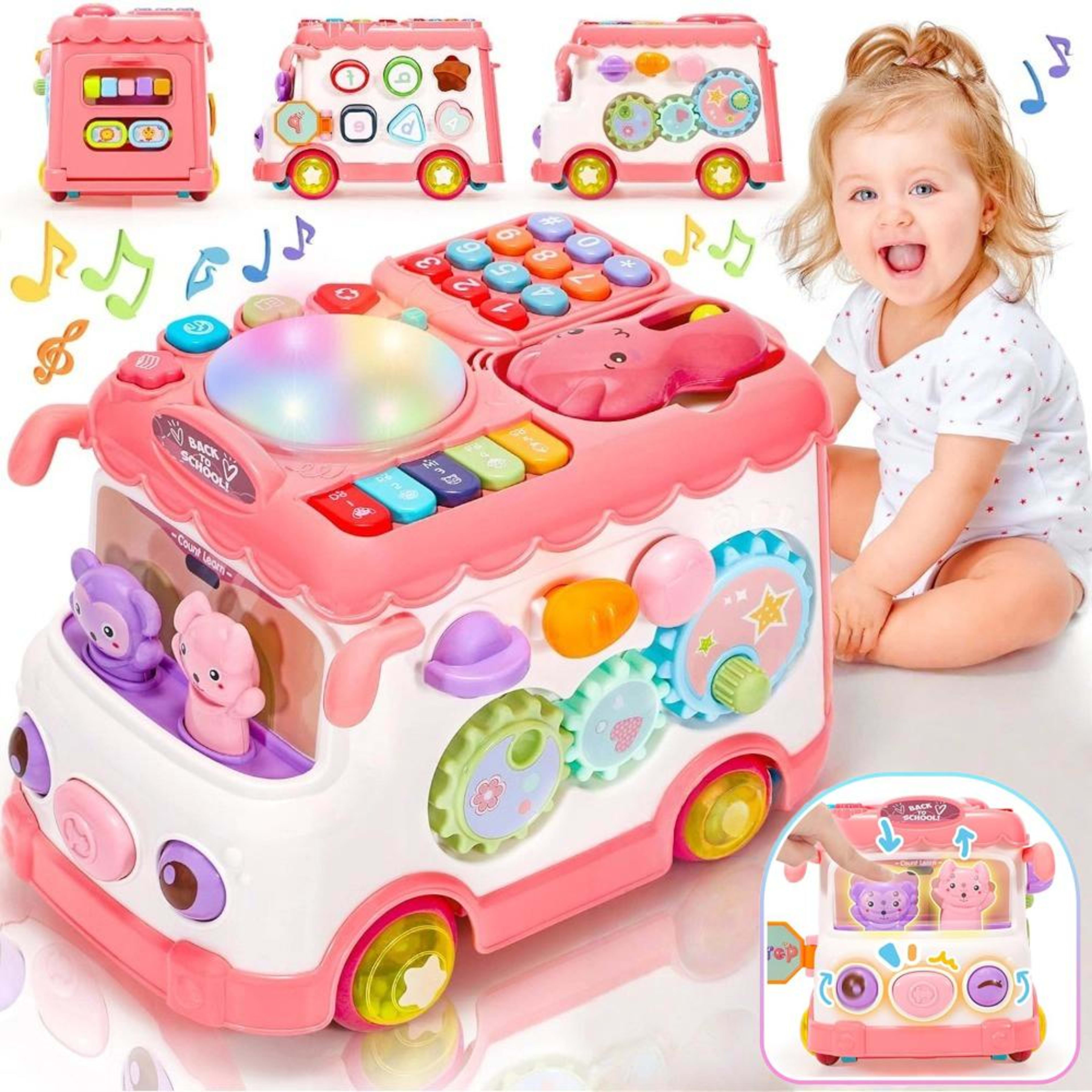 Baby Activity Bus Toy Set 6-in-1 Multifunctional Musical Learning Bus Includes Mini Car & Building Blocks Early Educatio 2