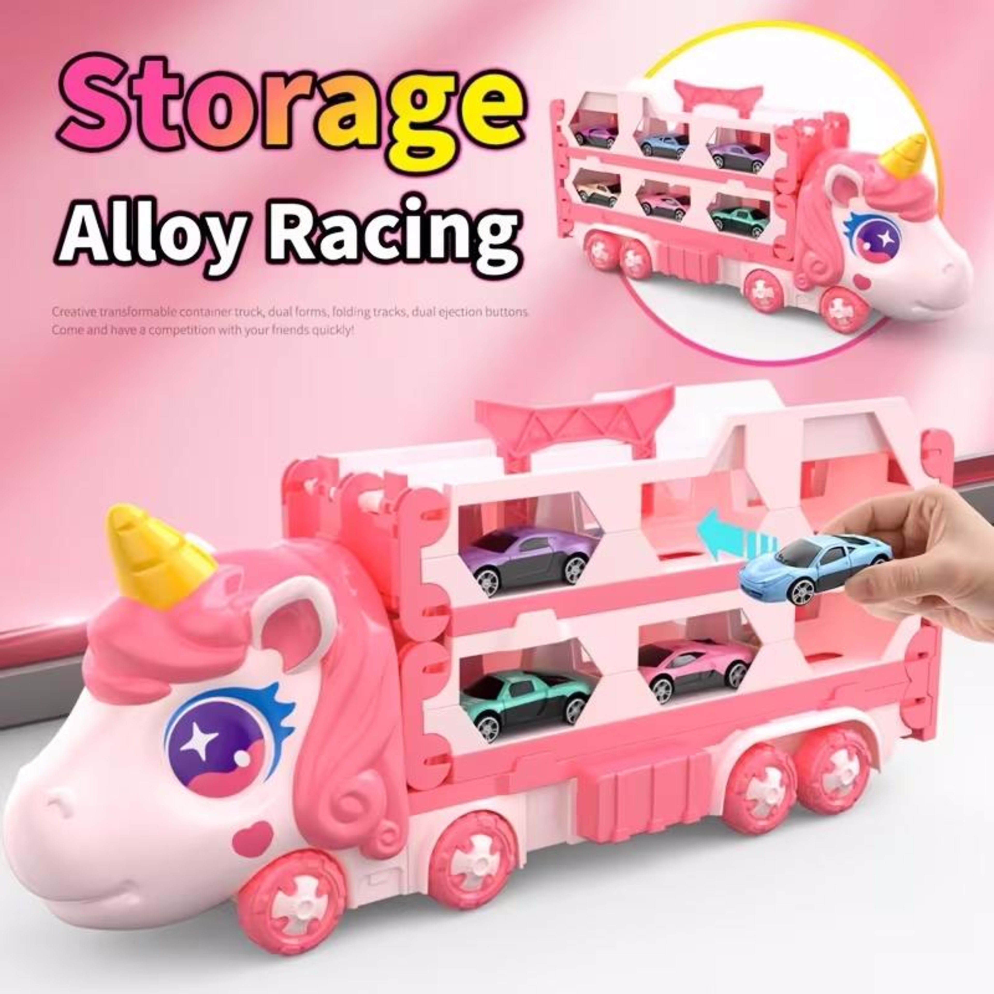Cute  Transforming Truck Toy Expandable Racetrack & Vehicle Storage Set Portable Carrier With Mini Cars Toy For Girls Ag 9