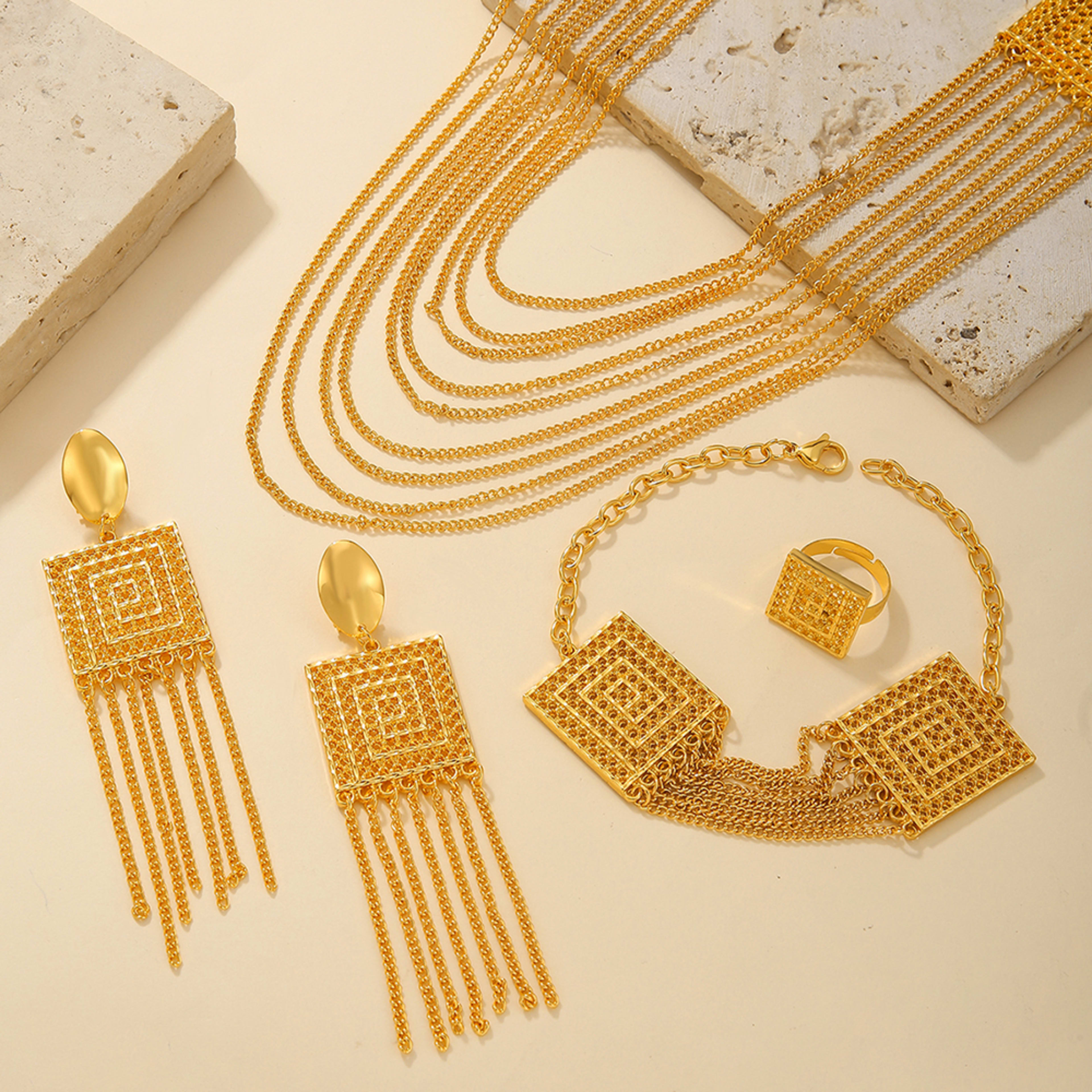 5pcs Fashion Ladies 18k Gold Plated Jewelry Set Tassel For Holiday Wear, Wedding Scene Jewelry, Multi-layered Temperamen 3