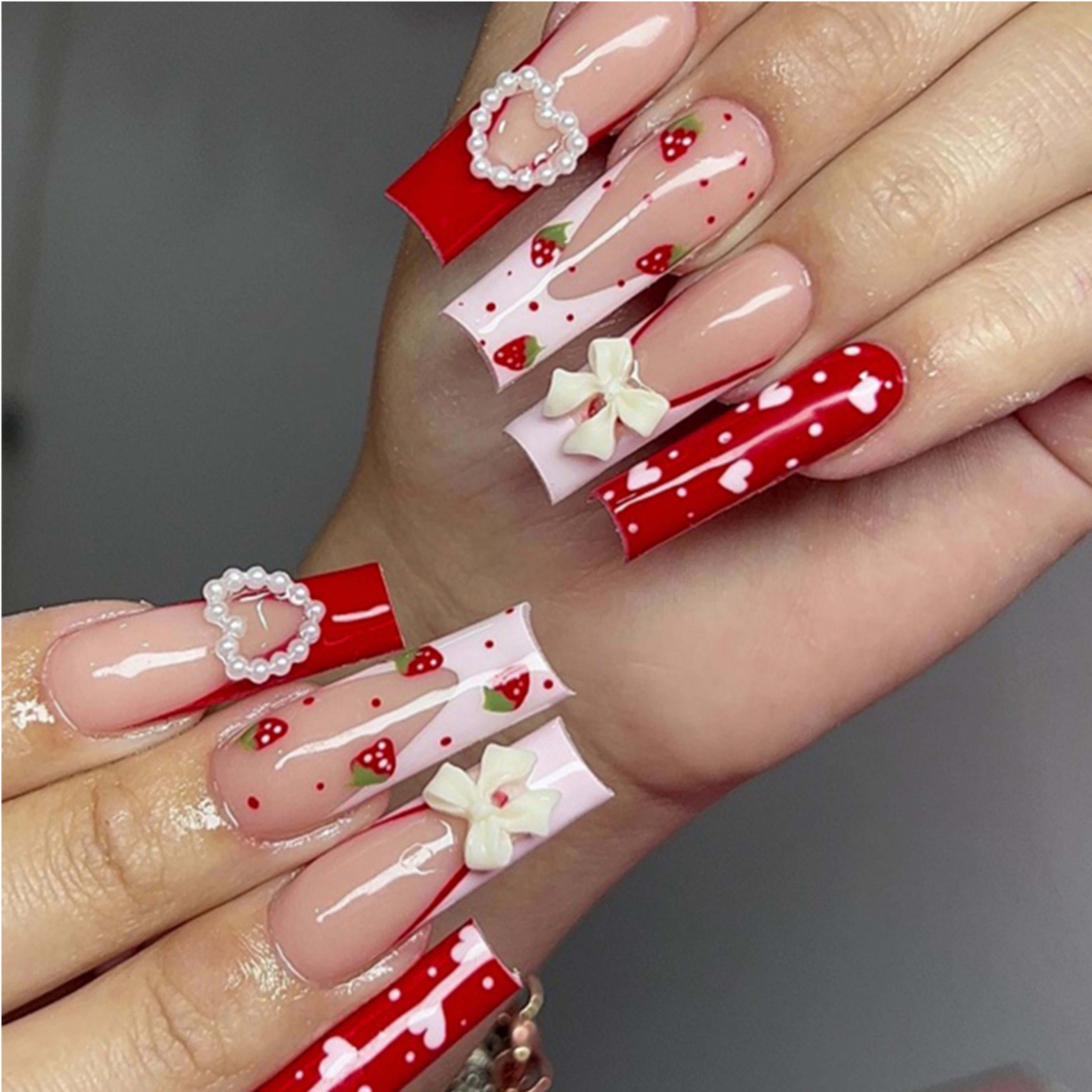 24 PCS Strawberry Bow Nail Art 9