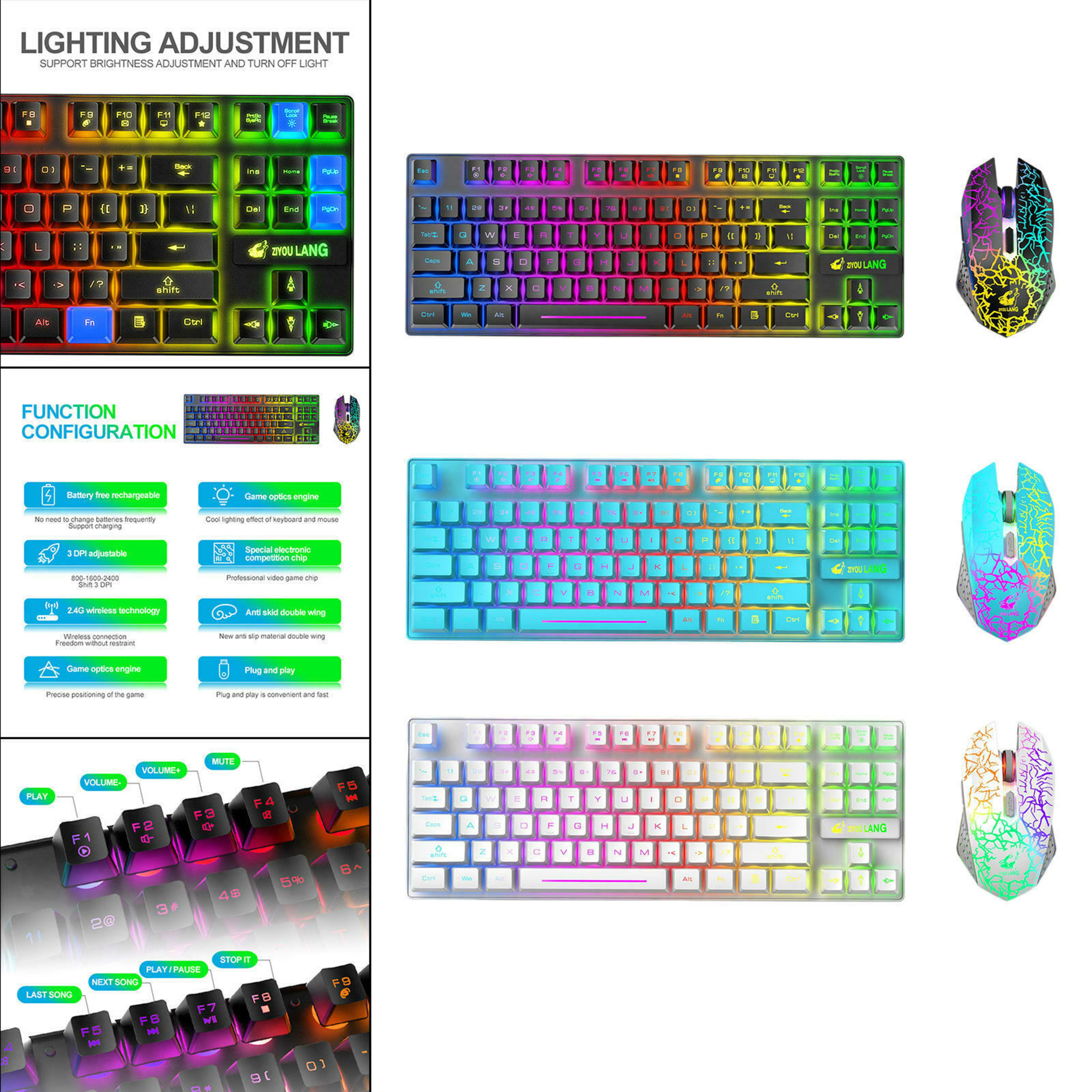 T87 Wireless Gaming Keyboard And Mouse Rainbow Backlit For PC Mac PS4 Xbox One 4