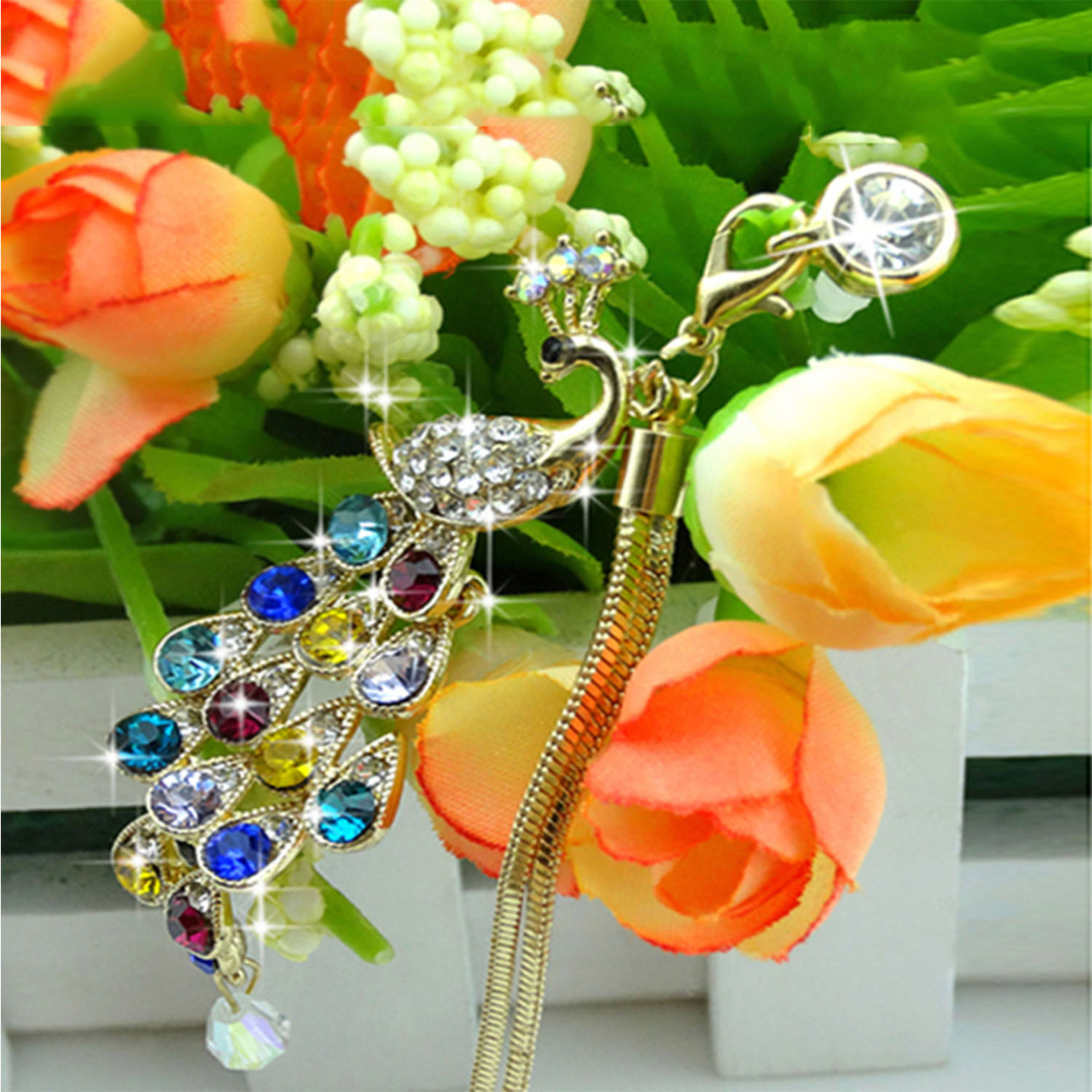 Colorful Crystal Diamond Peacock Dust Cap Pendant For Cell Phone 3.5mm Jack 6
