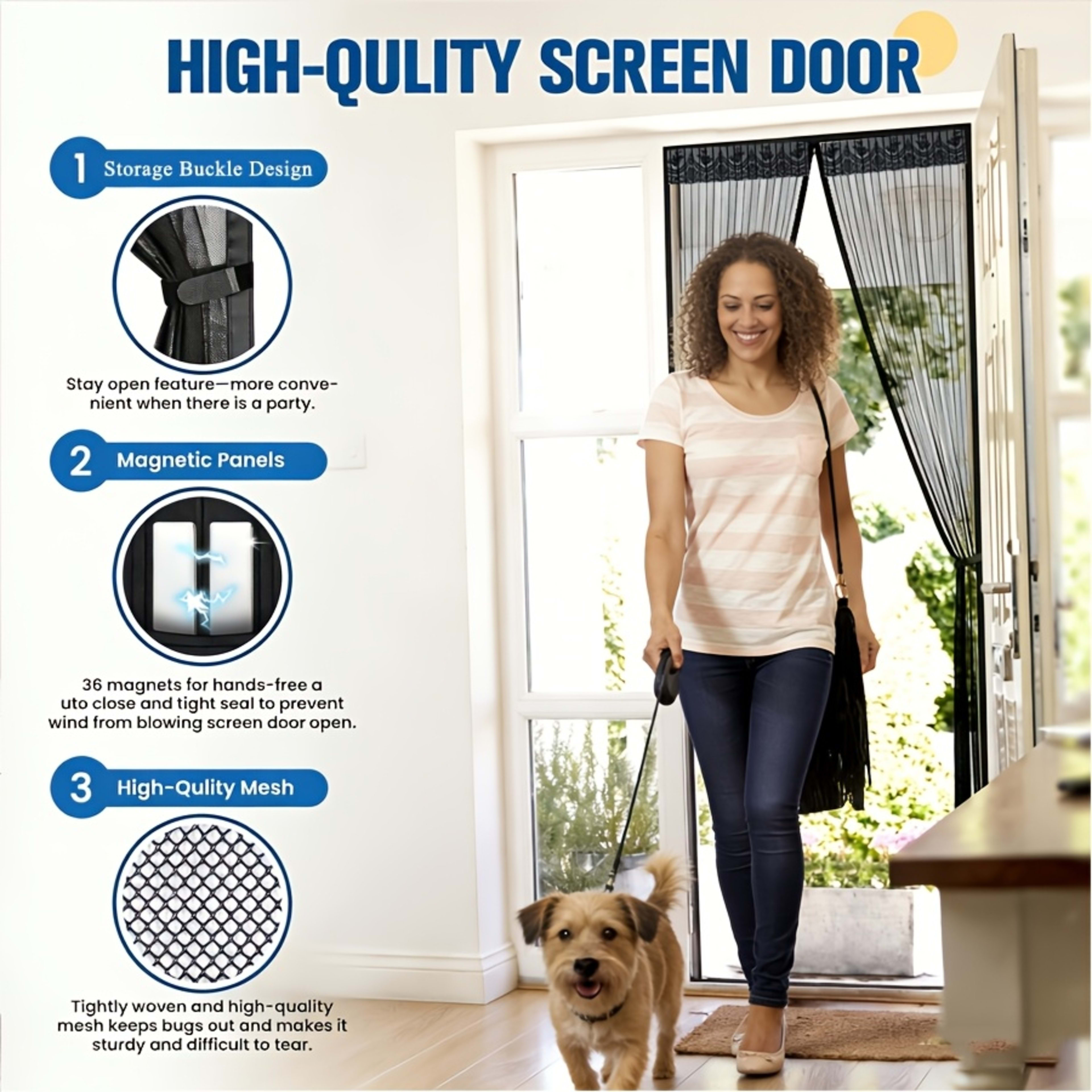 1pc Magnetic Screen Door, Mosquito And Fly Proof Door Curtain, Easy To Install, Top Lace Design & Storage, Pet Friendly, 3