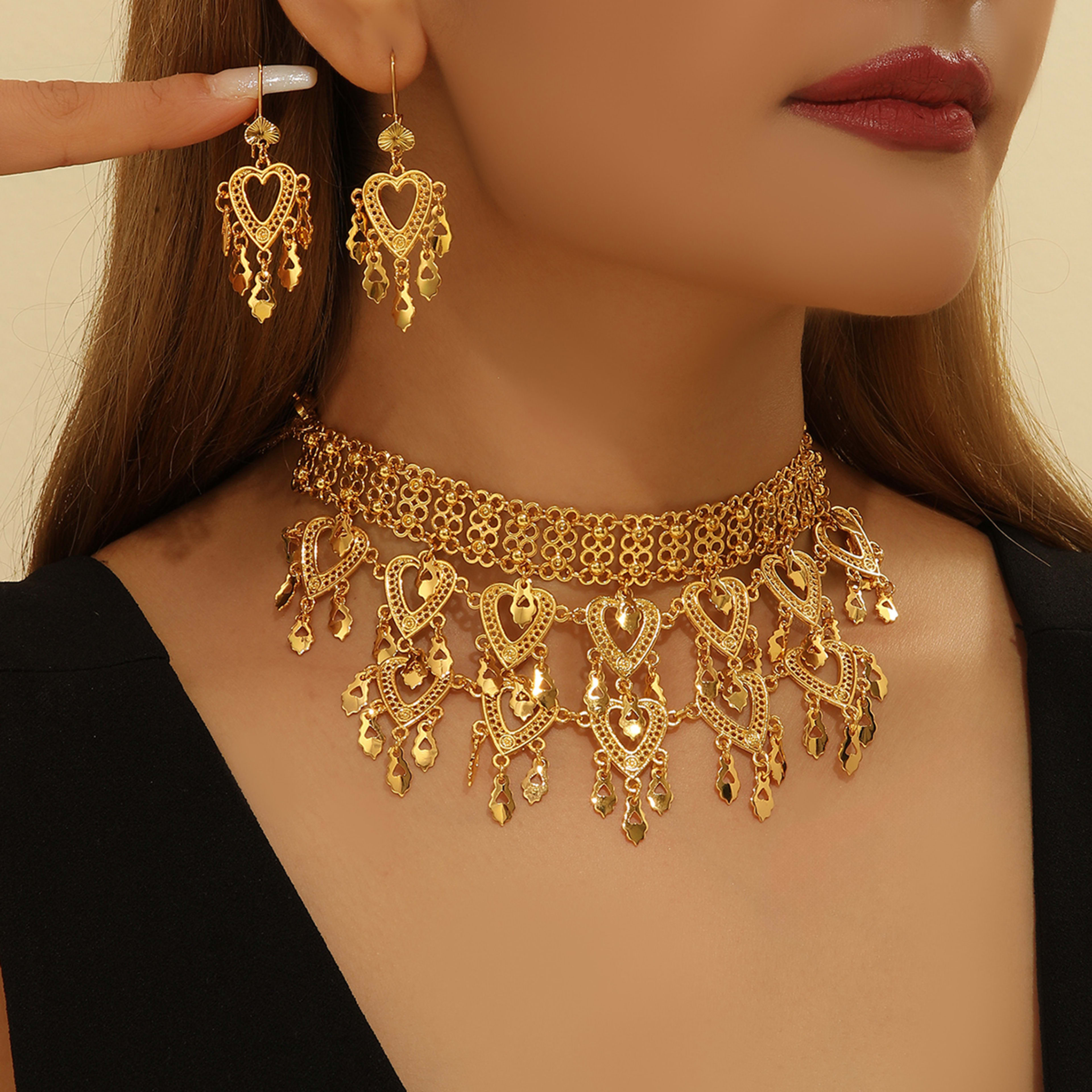 3pcs Fashionable Retro Luxury Heart-shaped Hollow Necklace Earrings Women's Set, Suitable For Party And Dance Gifts, Dai