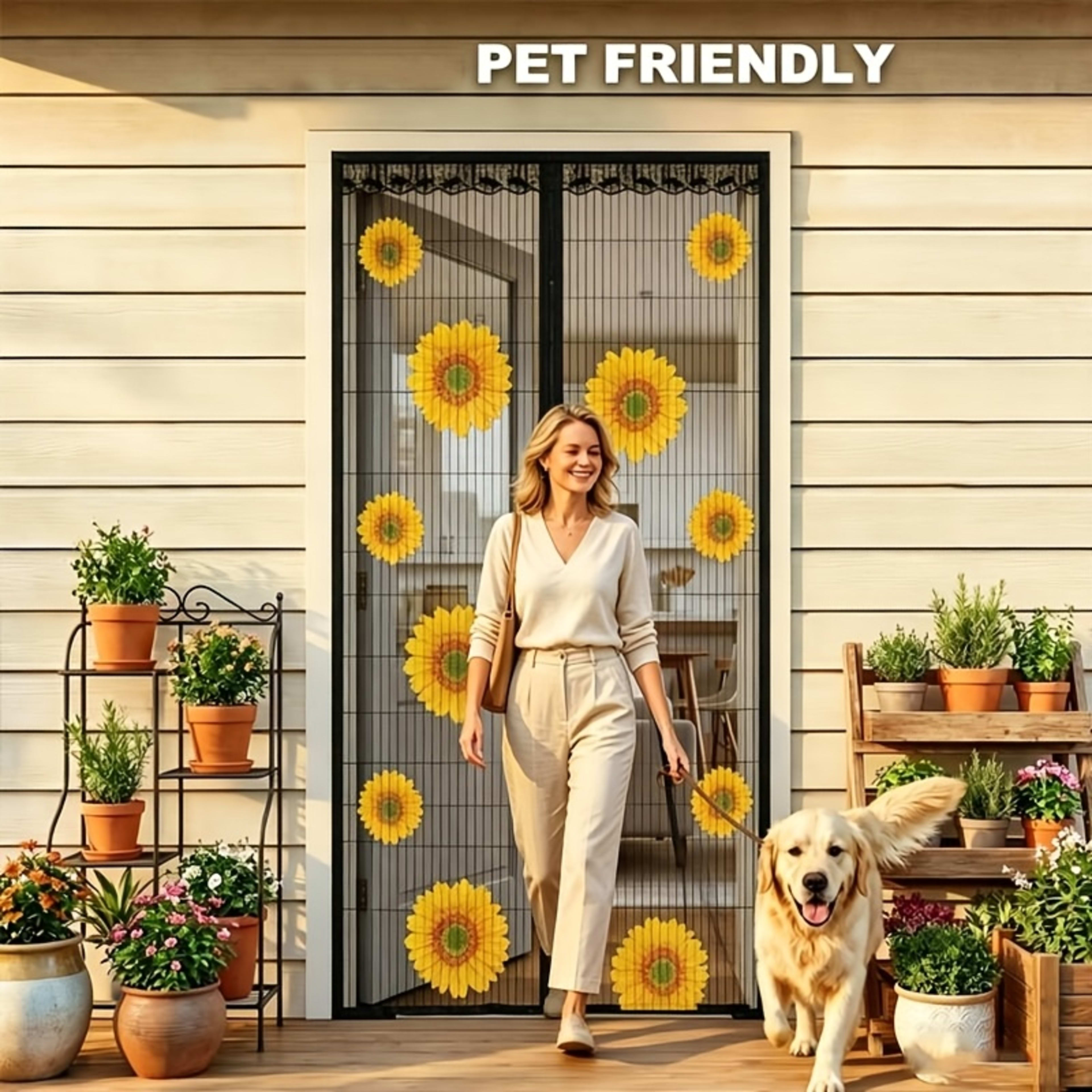 Magnetic Screen Door, Sunflower Print Mesh Curtain With Lace Edge, Hands-Free Self-Closing Insect Mosquito Net, Keep Bug 2