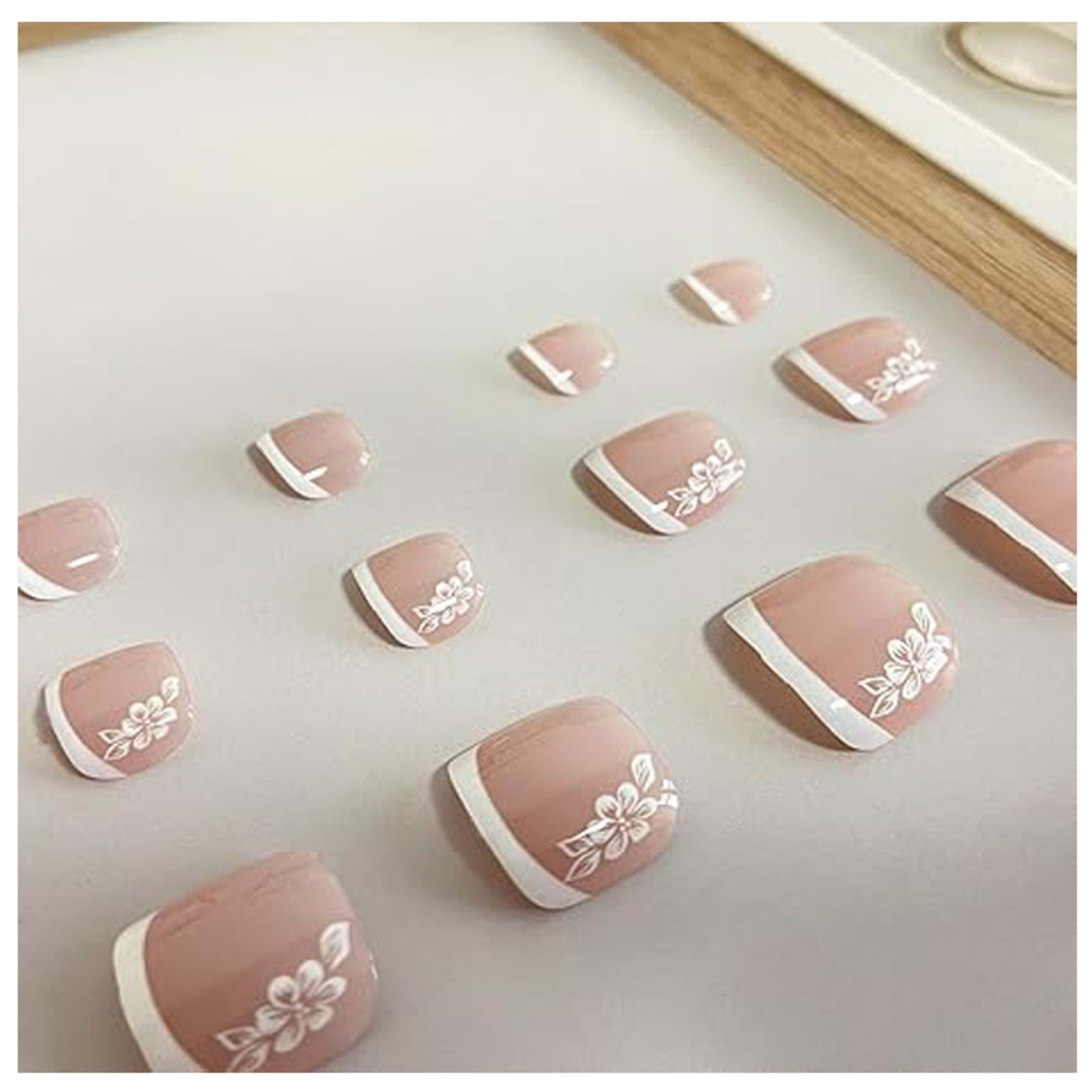 24PCS White Flowers Press On Toenails, French Tip Short Square Fake Toe Nails Full Cover ,Glue On Toenails Floral Design 3