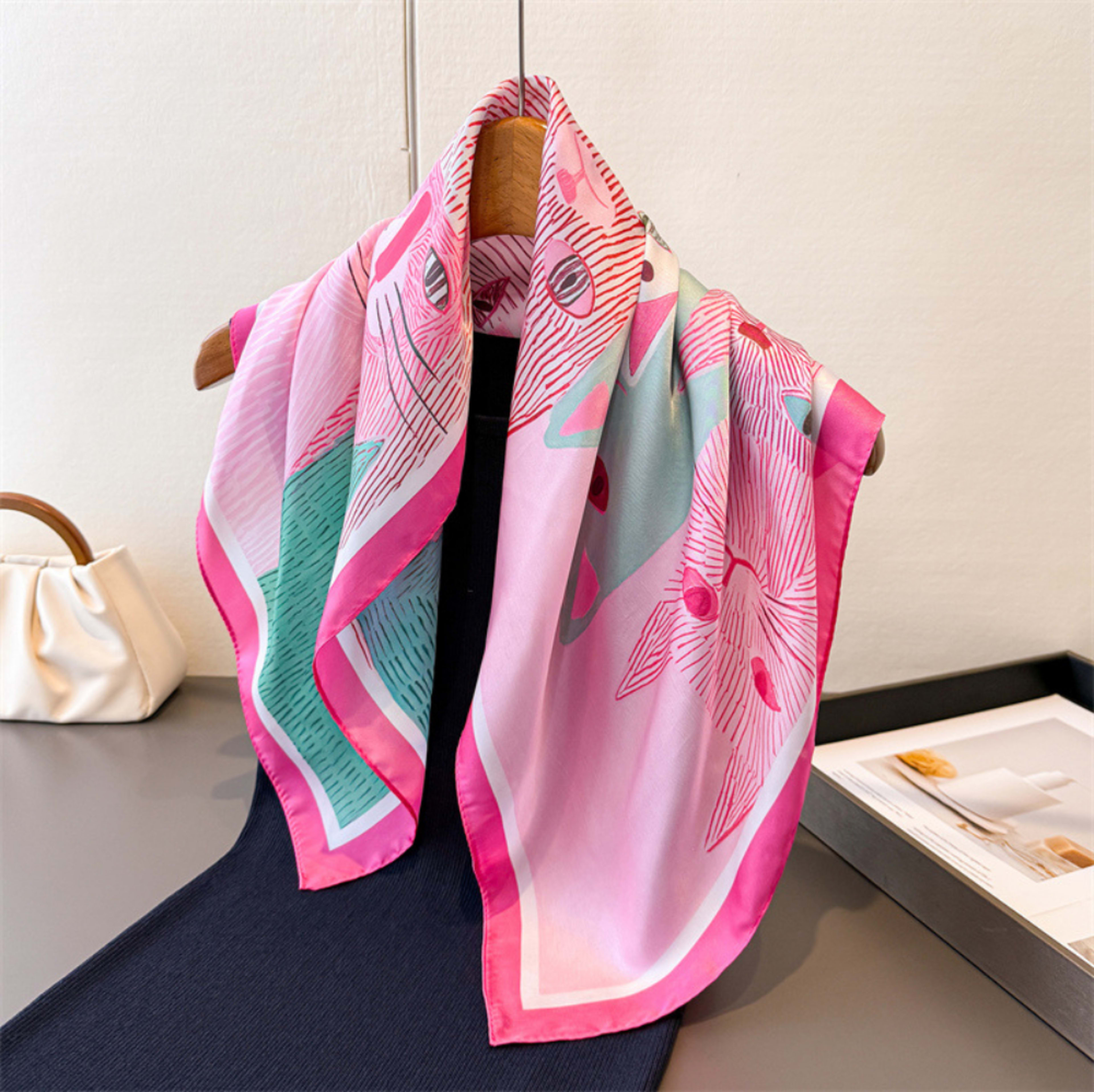 Cartoon-printed Cat Small Square Scarf With Silk Satin Surface. Cute Animal Print Decorative Headscarf. Fashionable And  8