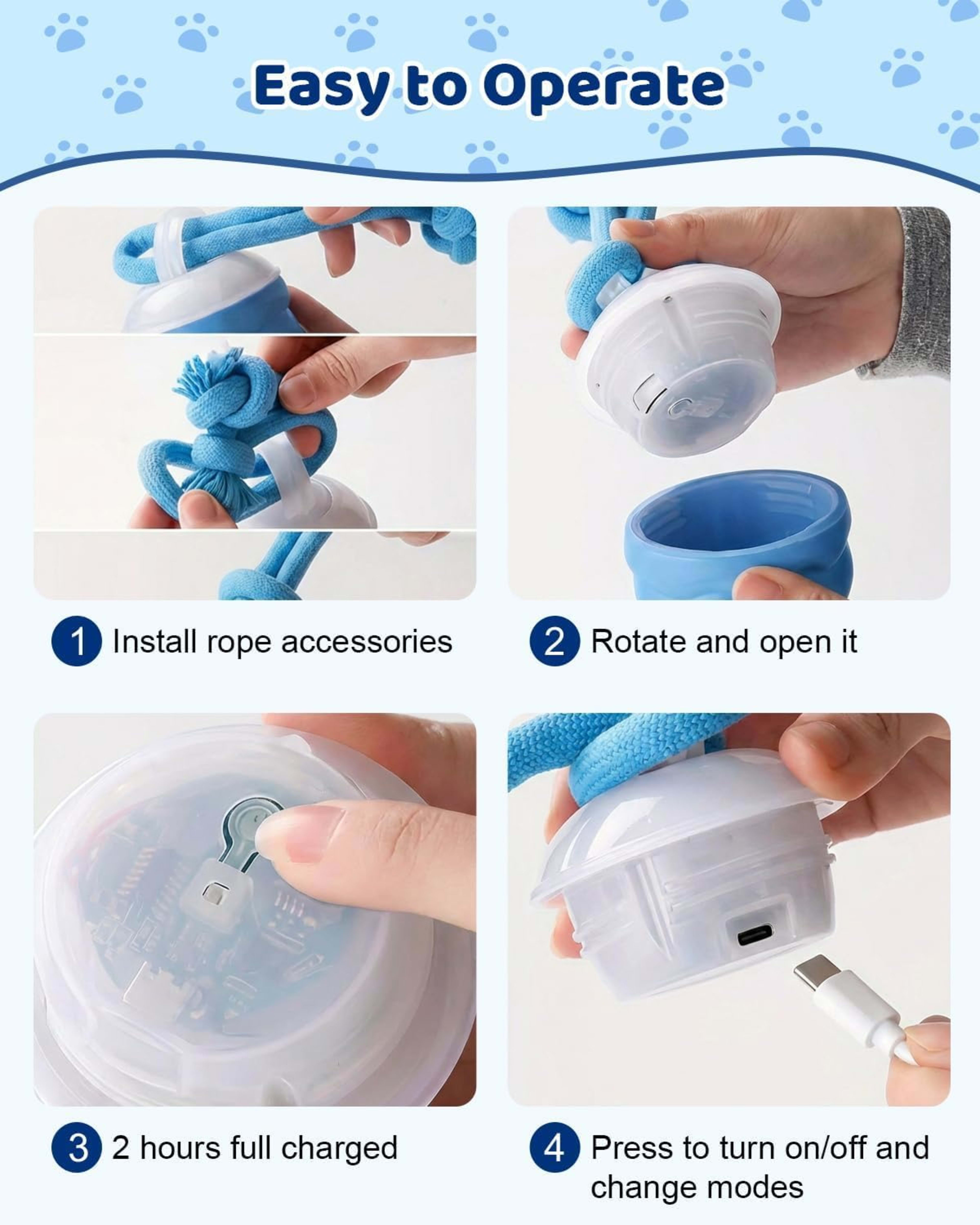 Interactive Dog Toys With Rope -Smart Dog Ball Built-in Barking Sound, Motion Activated USB-C Rechargeable Dog Toy With  6