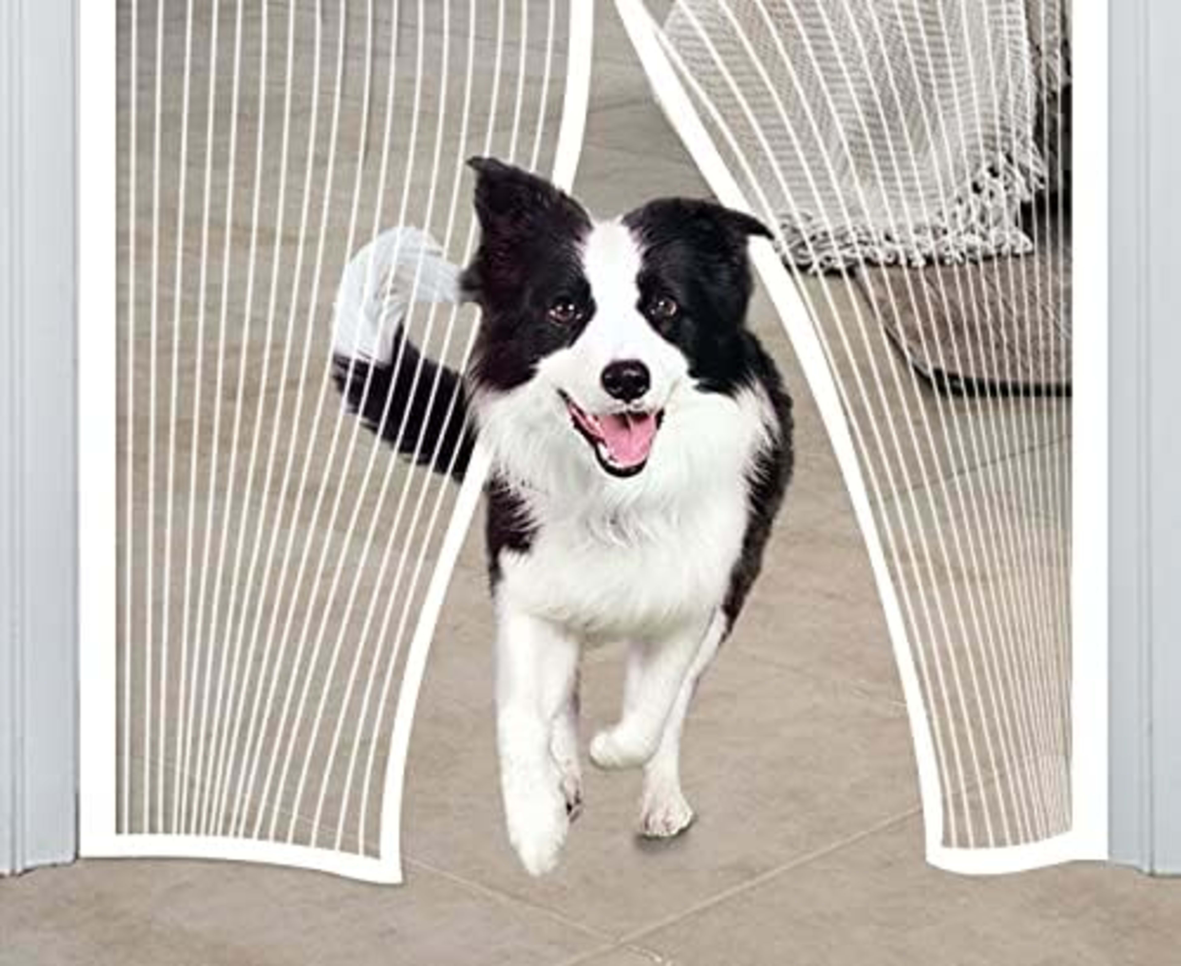 Summer Magnetic Screen Door - White Striped, Easy To Install, Strong Magnet, Automatically Closes Mosquito Net Curtain,  4