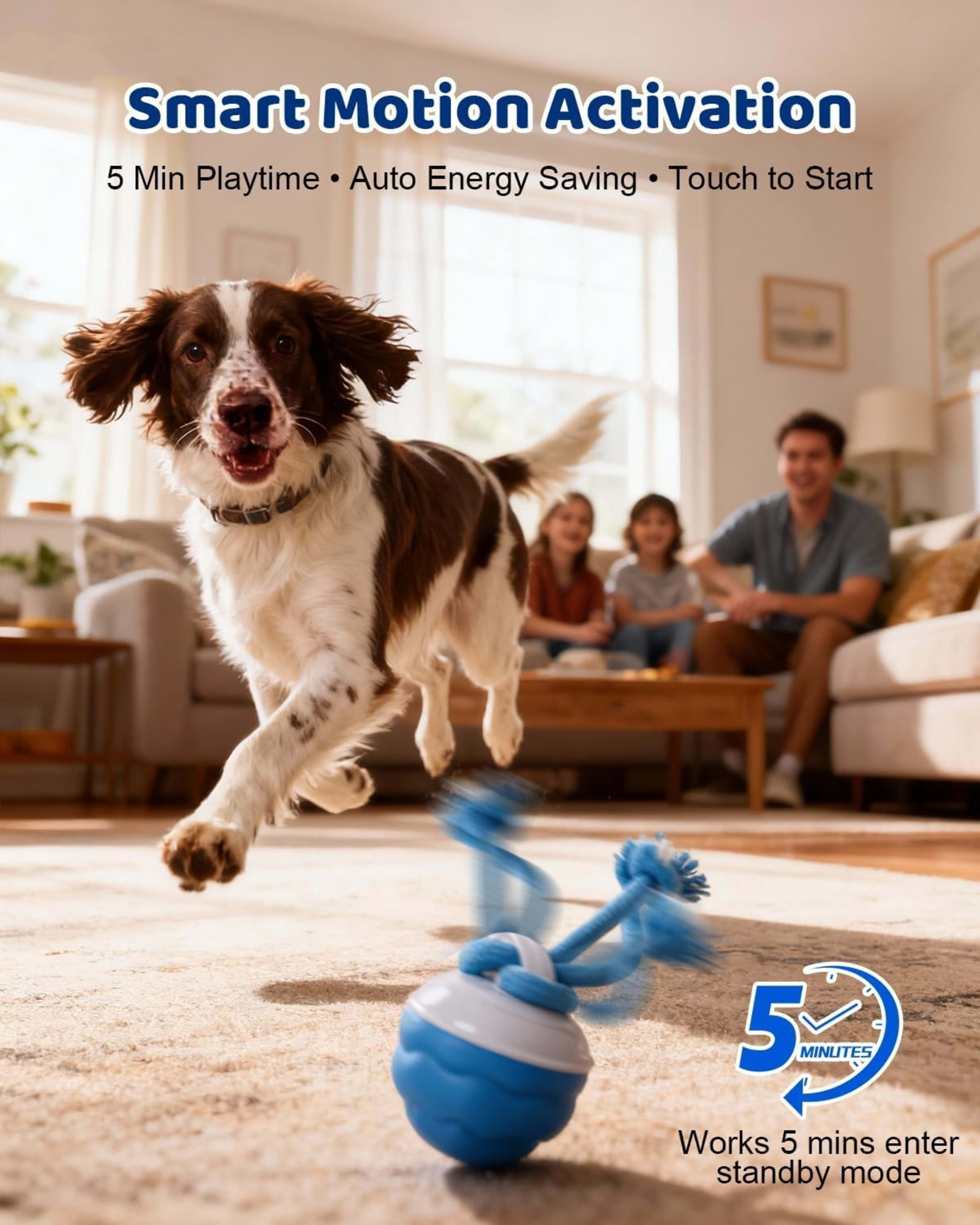 Interactive Dog Toys With Rope -Smart Dog Ball Built-in Barking Sound, Motion Activated USB-C Rechargeable Dog Toy With  5