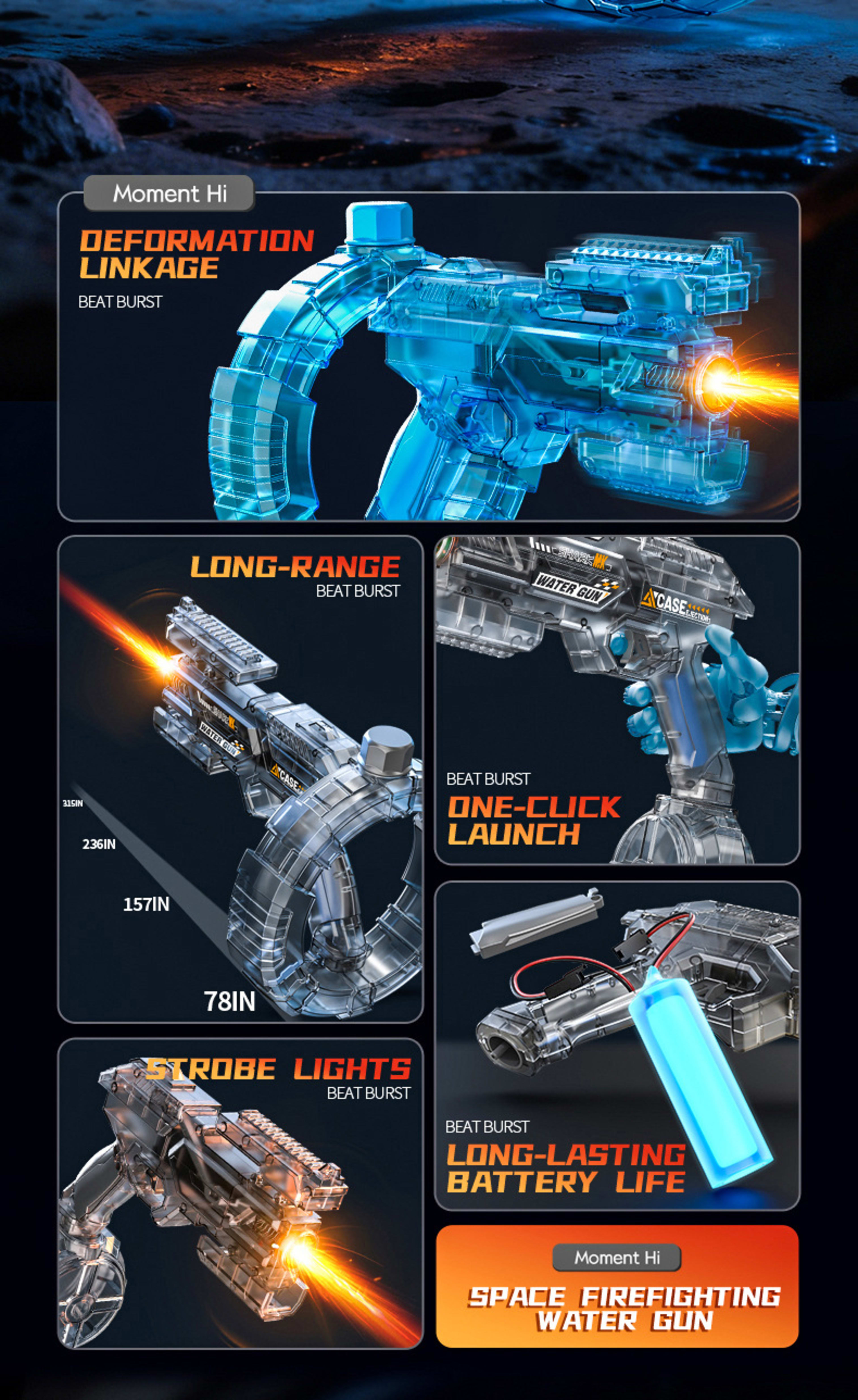 Kids Space Electric Water Gun, Transformable Design With Energy Gathering Ring, Flashing Light & Sim Recoil, Large Capac