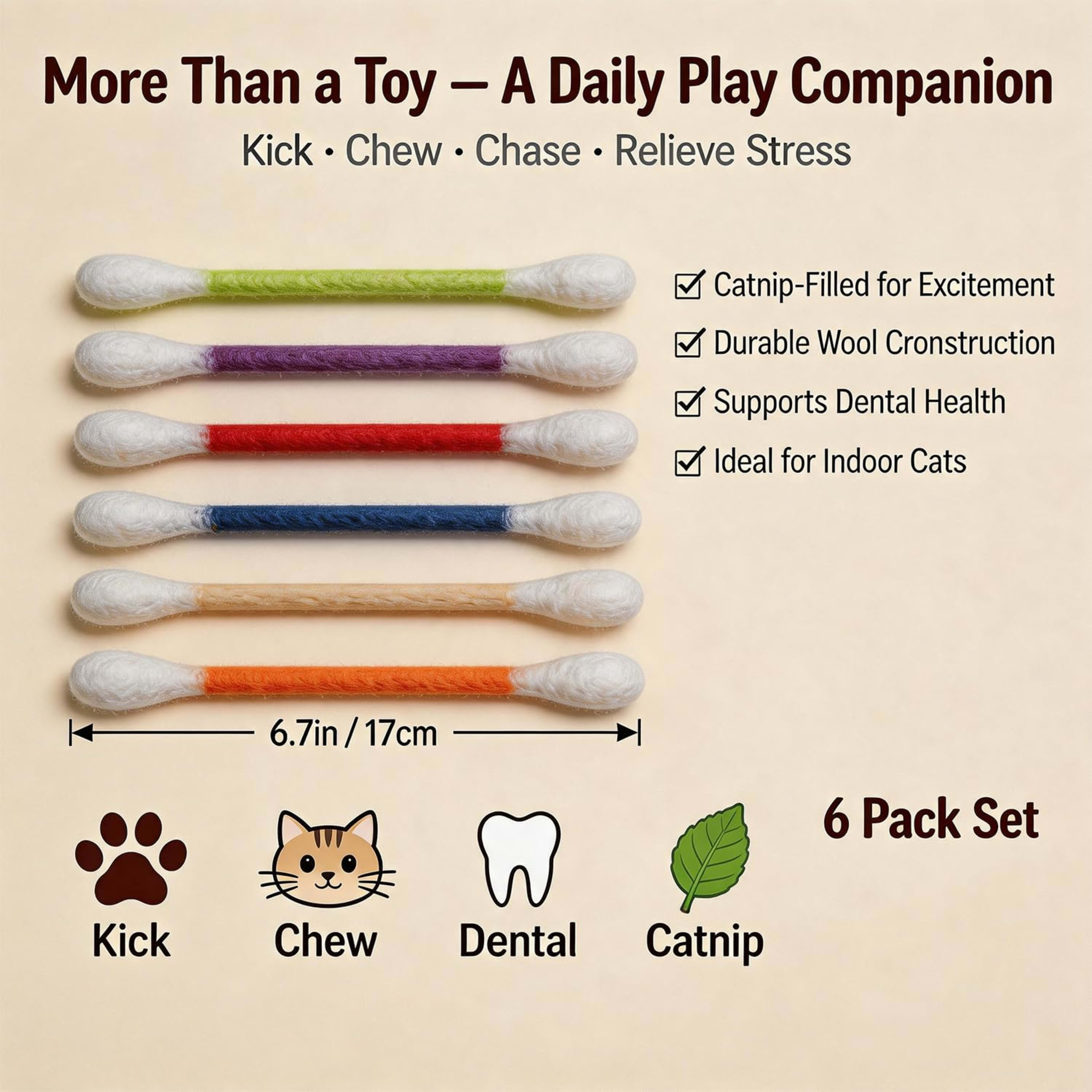 6Pack Cotton Swabs Cat Toys With Catnip, Giant Qtip Chew Sticks & Teething Ropes For Boredom Relief, Durable Interactive 5