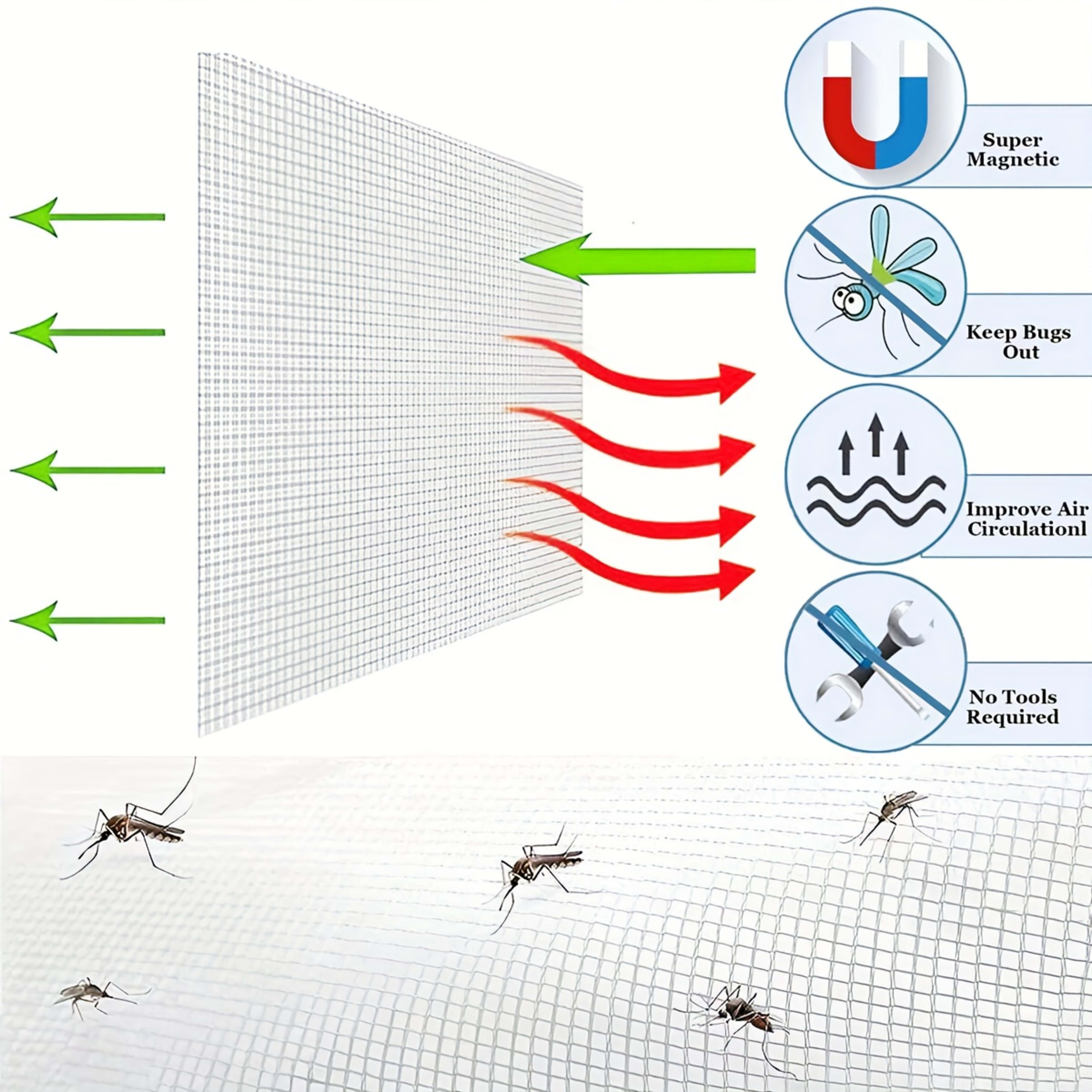 Summer Magnetic Screen Door - White Striped, Easy To Install, Strong Magnet, Automatically Closes Mosquito Net Curtain,  11