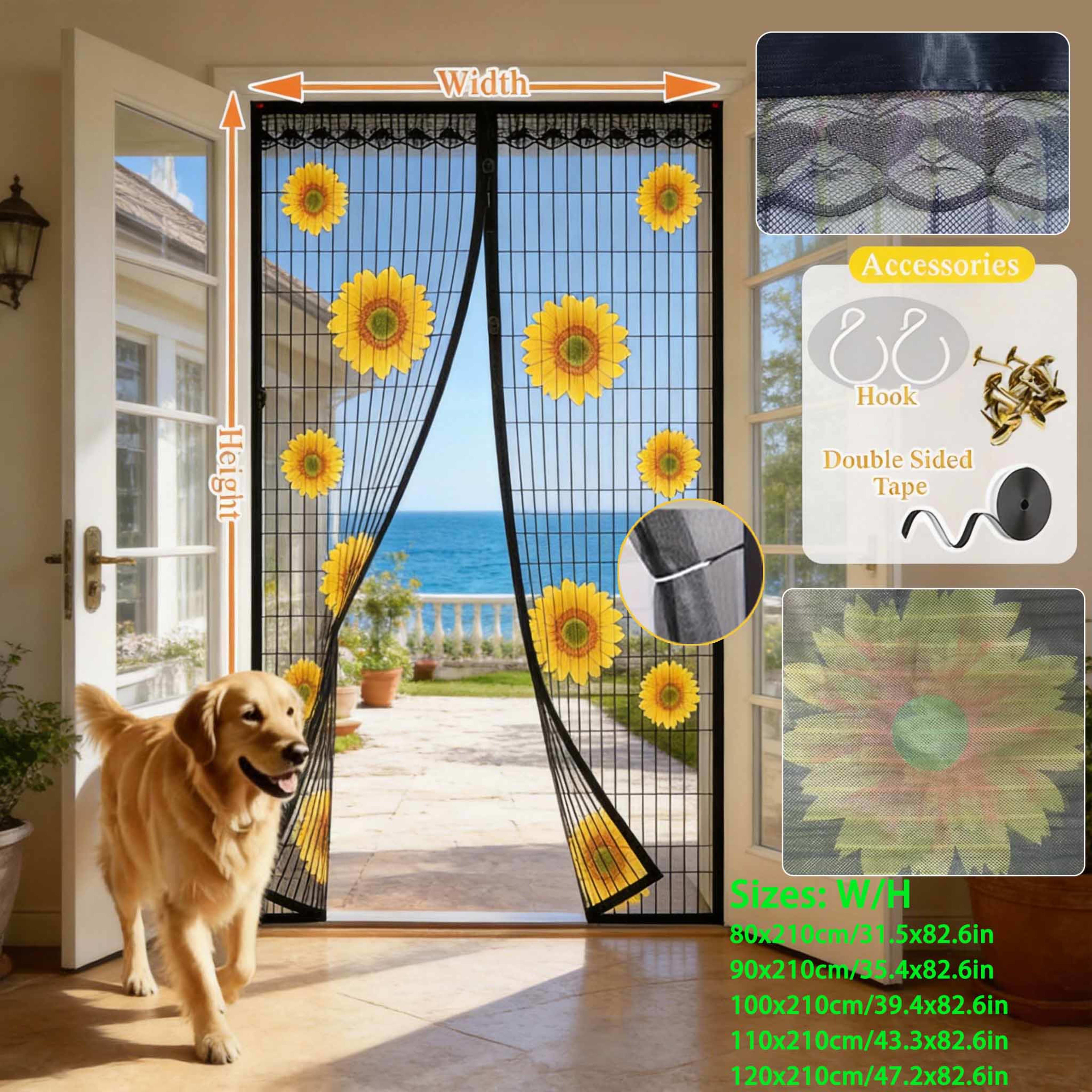Magnetic Screen Door, Sunflower Print Mesh Curtain With Lace Edge, Hands-Free Self-Closing Insect Mosquito Net, Keep Bug