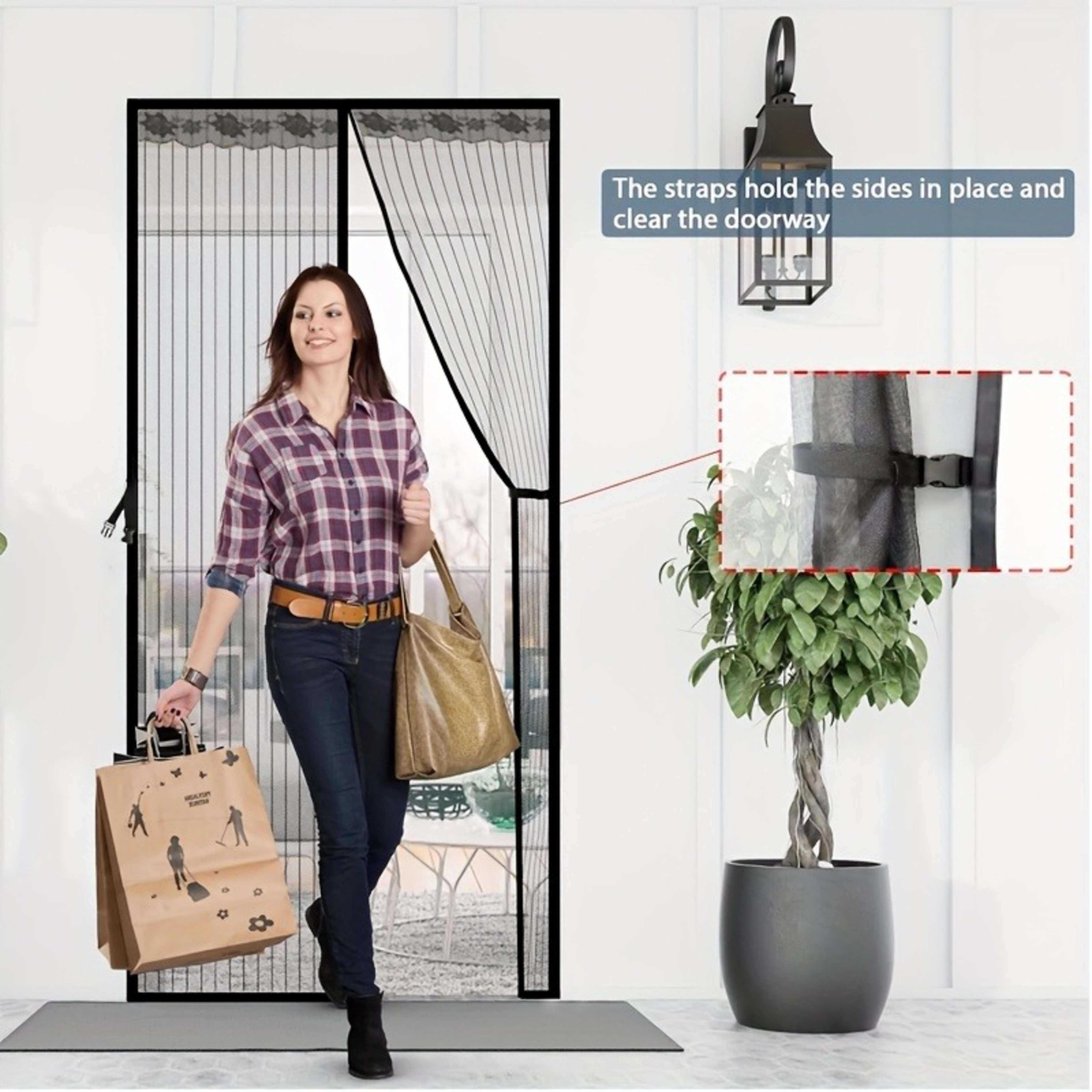 A Magnetic Mosquito-proof Door Curtain Made Of Fine Mesh Material That Effectively Keeps Mosquitoes Away. It Features A  2