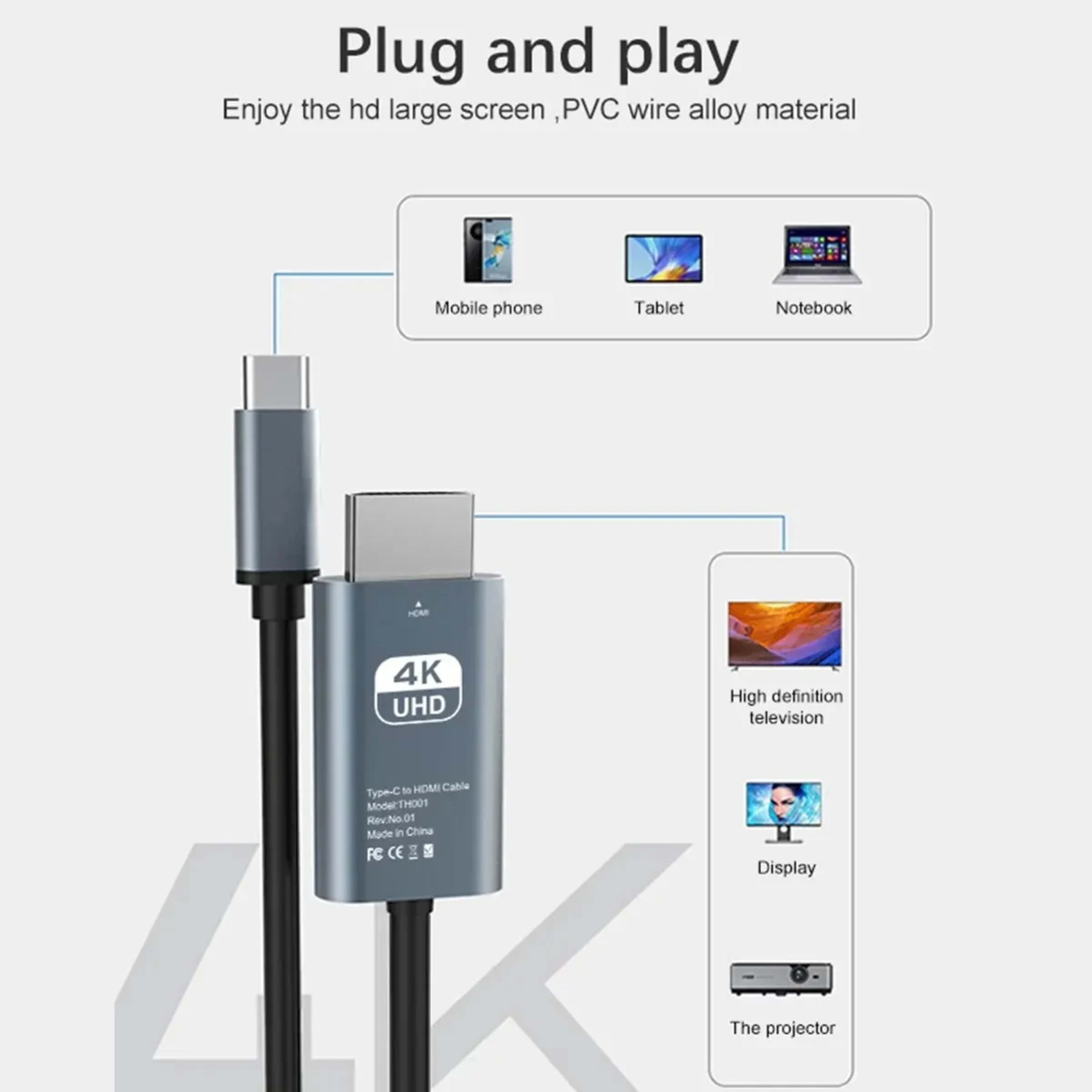 4K HD Video Conversion Cable Type C To HDTV, Same Screen, Cable For TV And Computer, 2 Meters, Braided Projection Cable 2