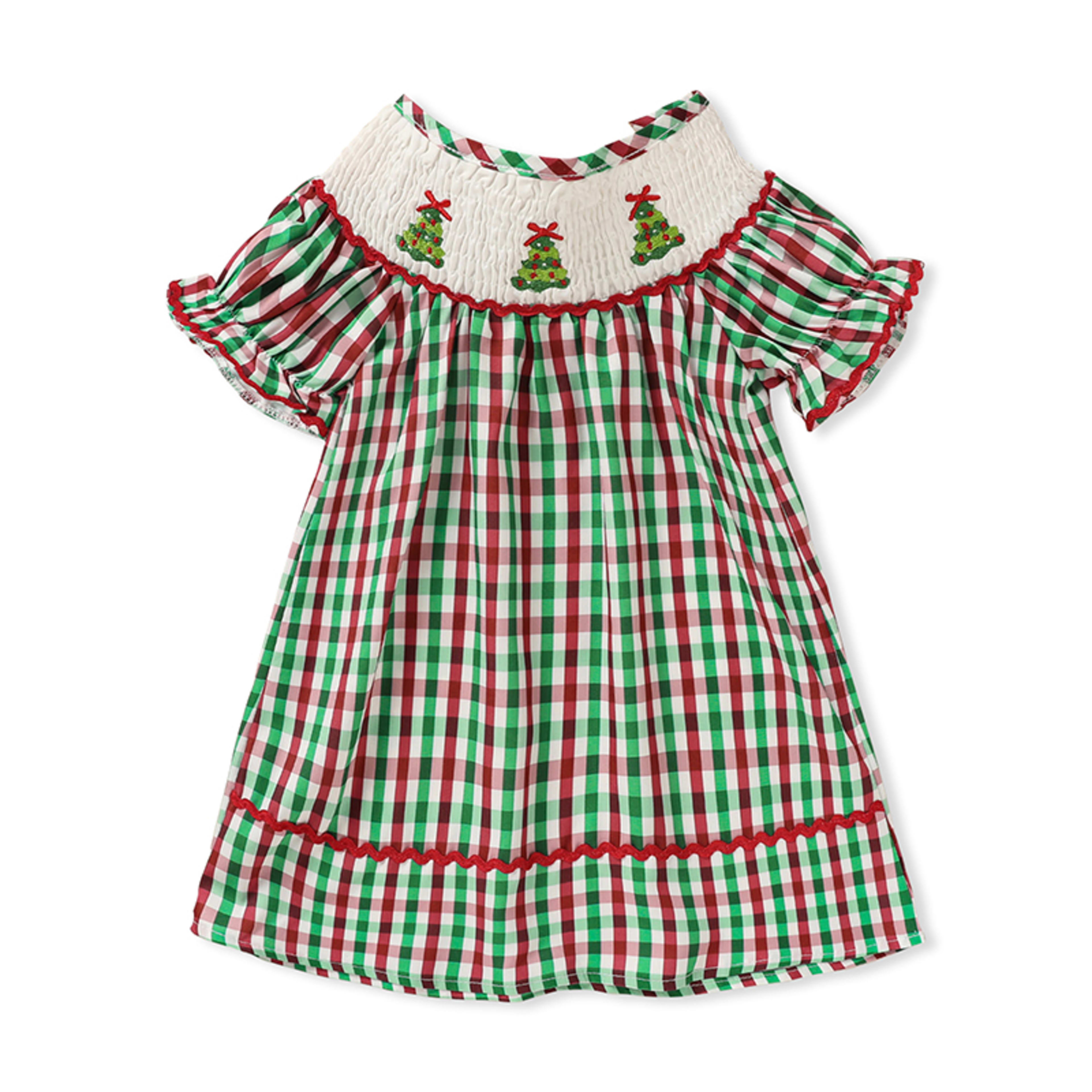 Toddler Infant Baby Girls Christmas Dress Short Sleeve Christmas Tree Embroidered Plaid Casual Party Dresses 16