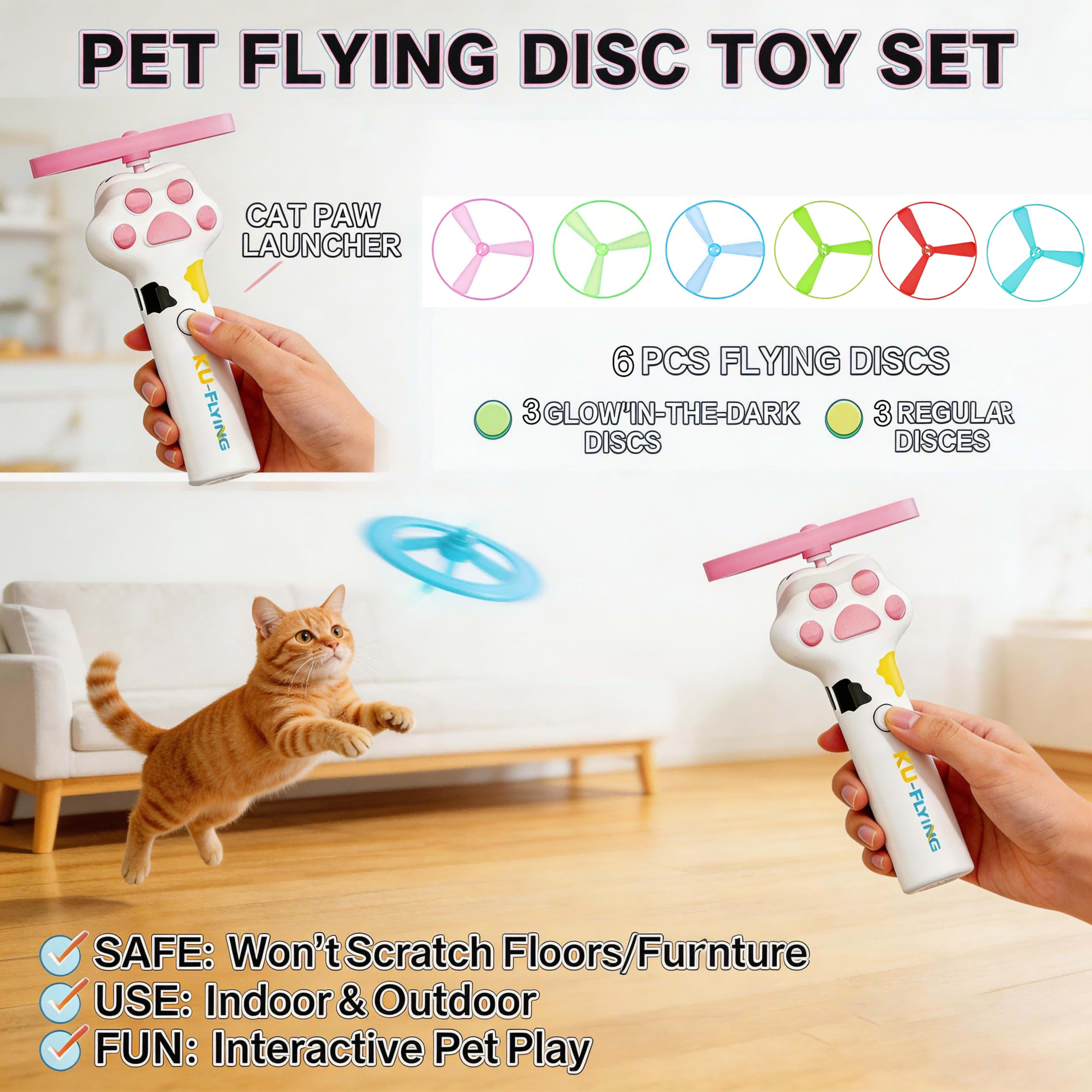 Cat Fetch Toy Launcher,Flying Disc Launcher Toy Rechargeable With 6 Flying Discs,Flying Cat Toy Disc Launcher For Kitten 6