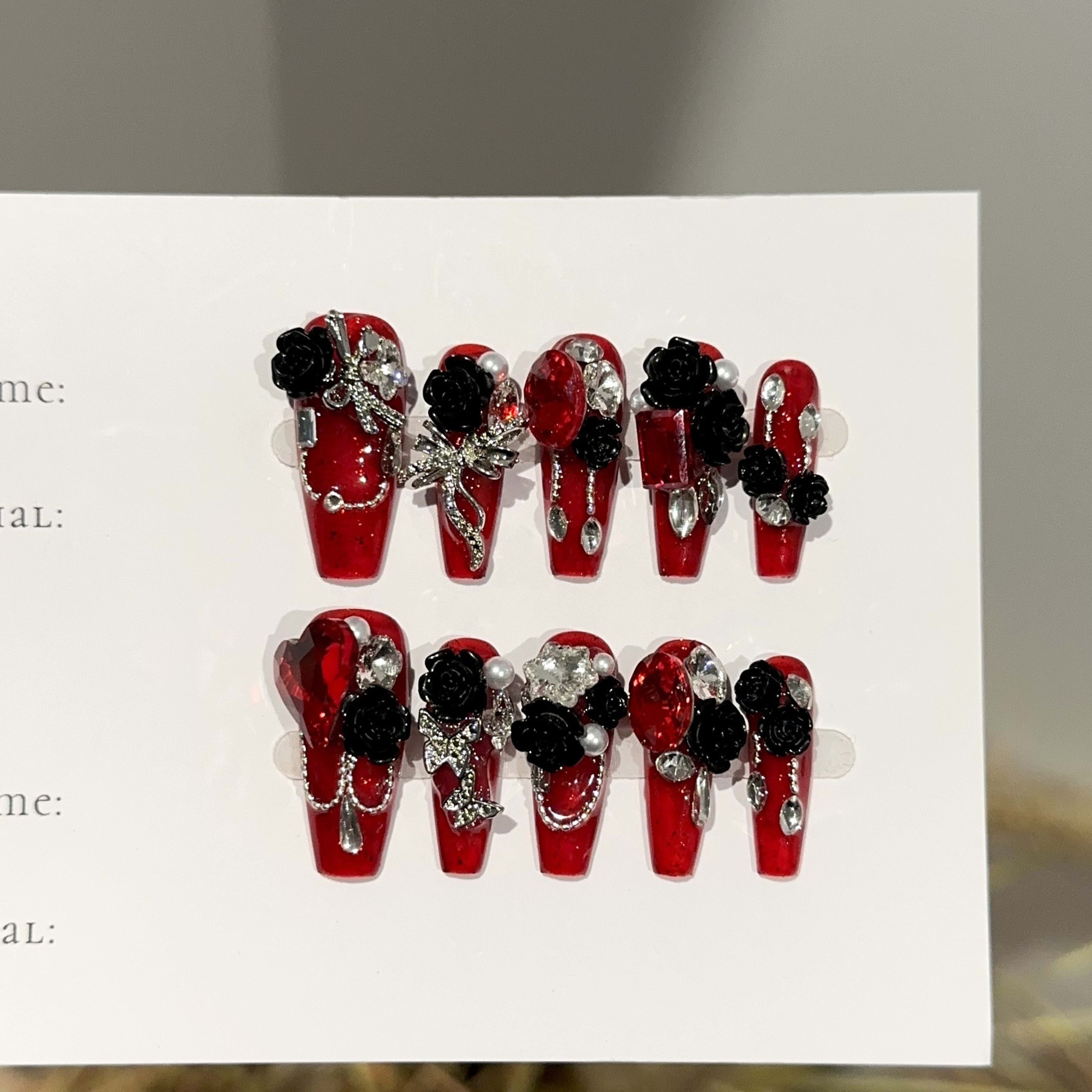 Handmade Wine-red Long Nail Tips For Wearable Nails 3