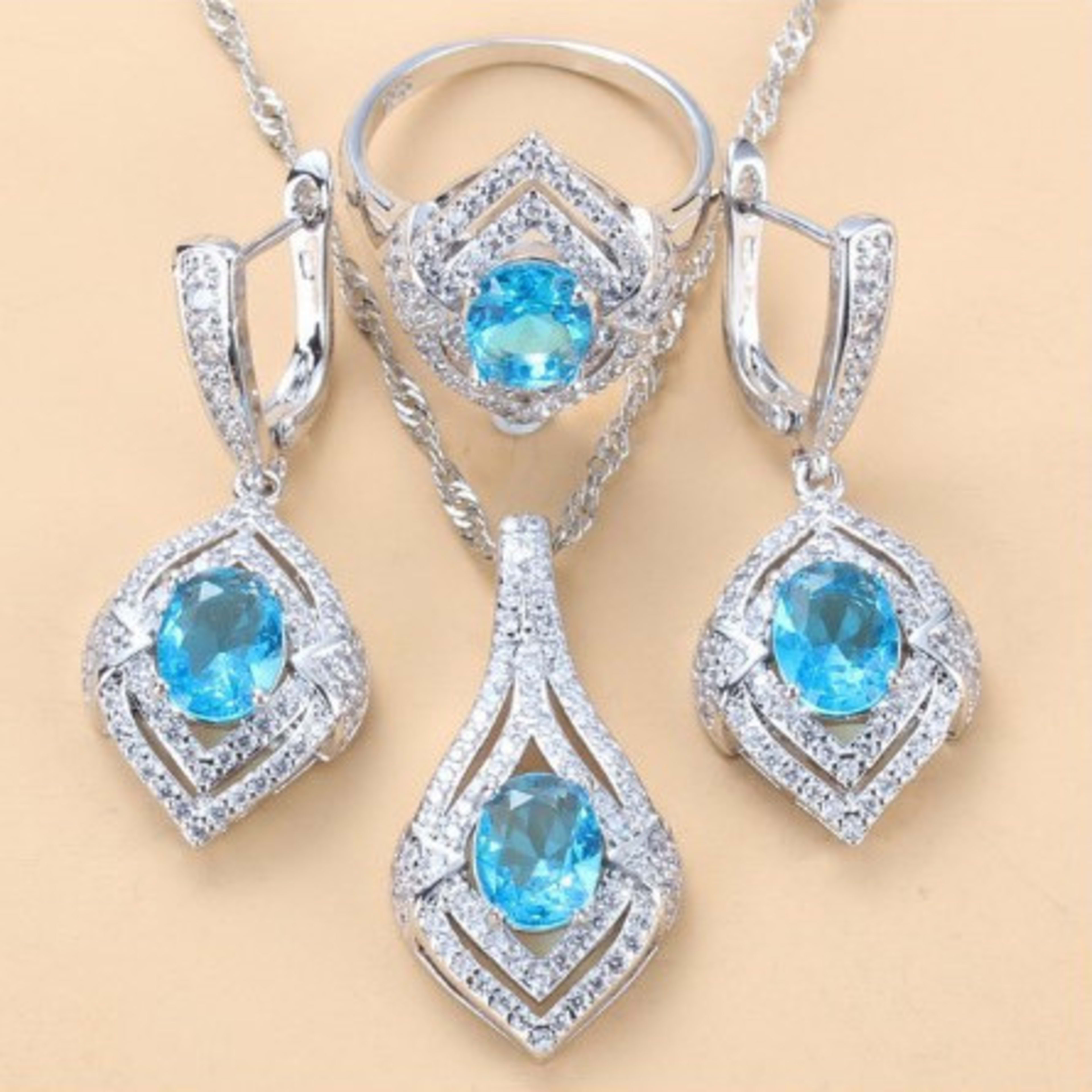 Gem-inlaid Pendant Earrings Necklace Ring Ladies Three-piece Set 6