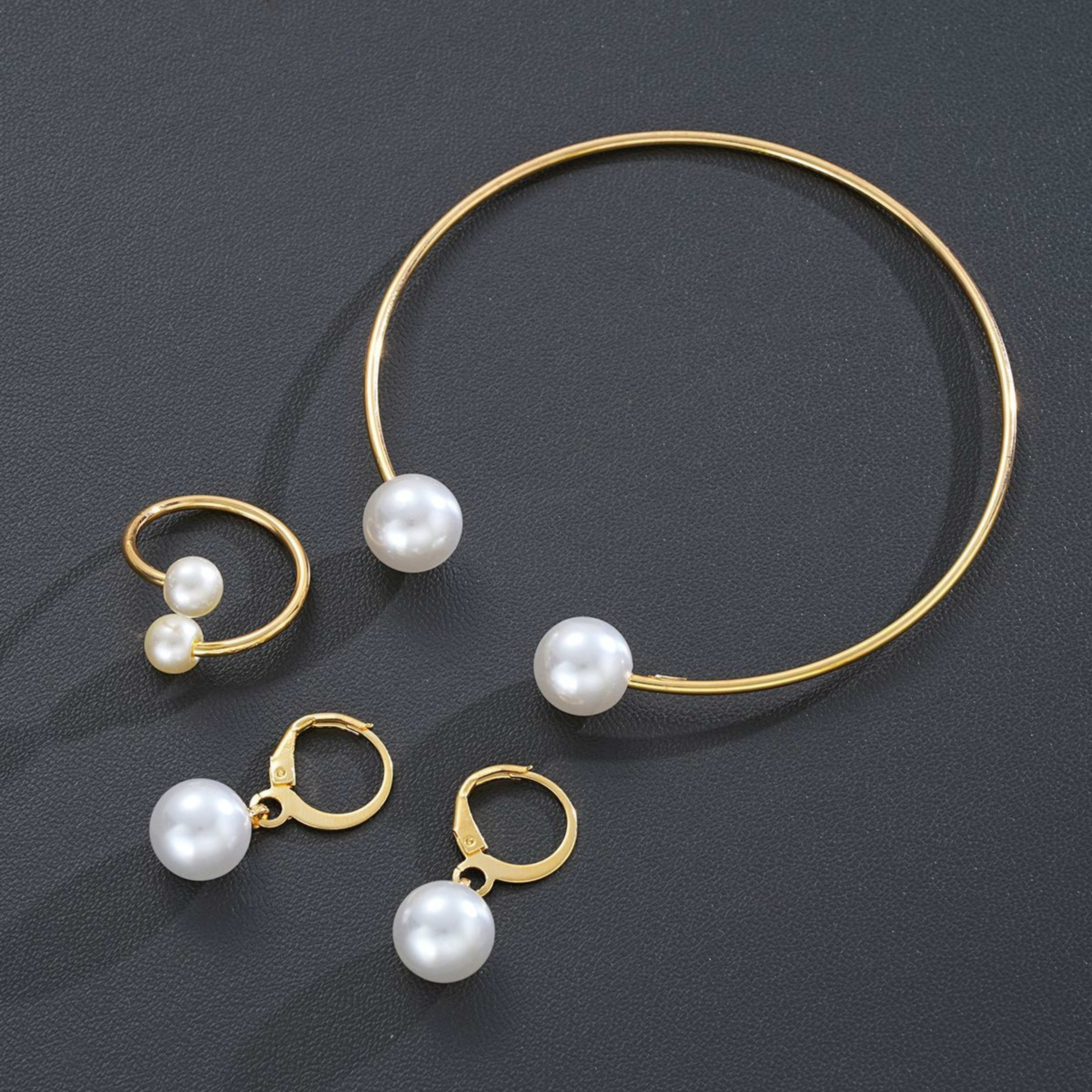 New Pearl Open Earrings Bracelet Ring Jewelry Set 4