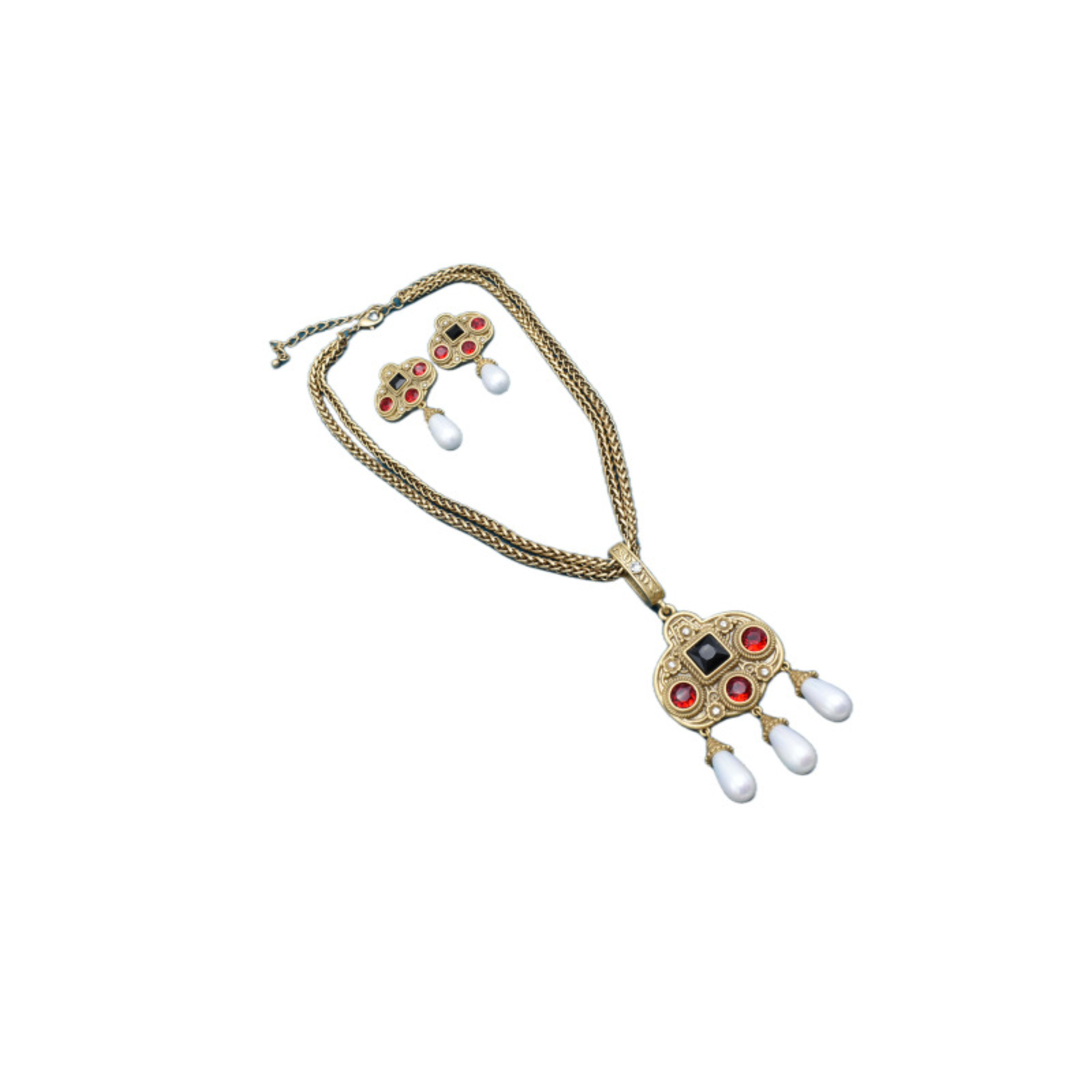 Vintage Glass Inlaid Tassel Pearl Necklace Ear Stud 6