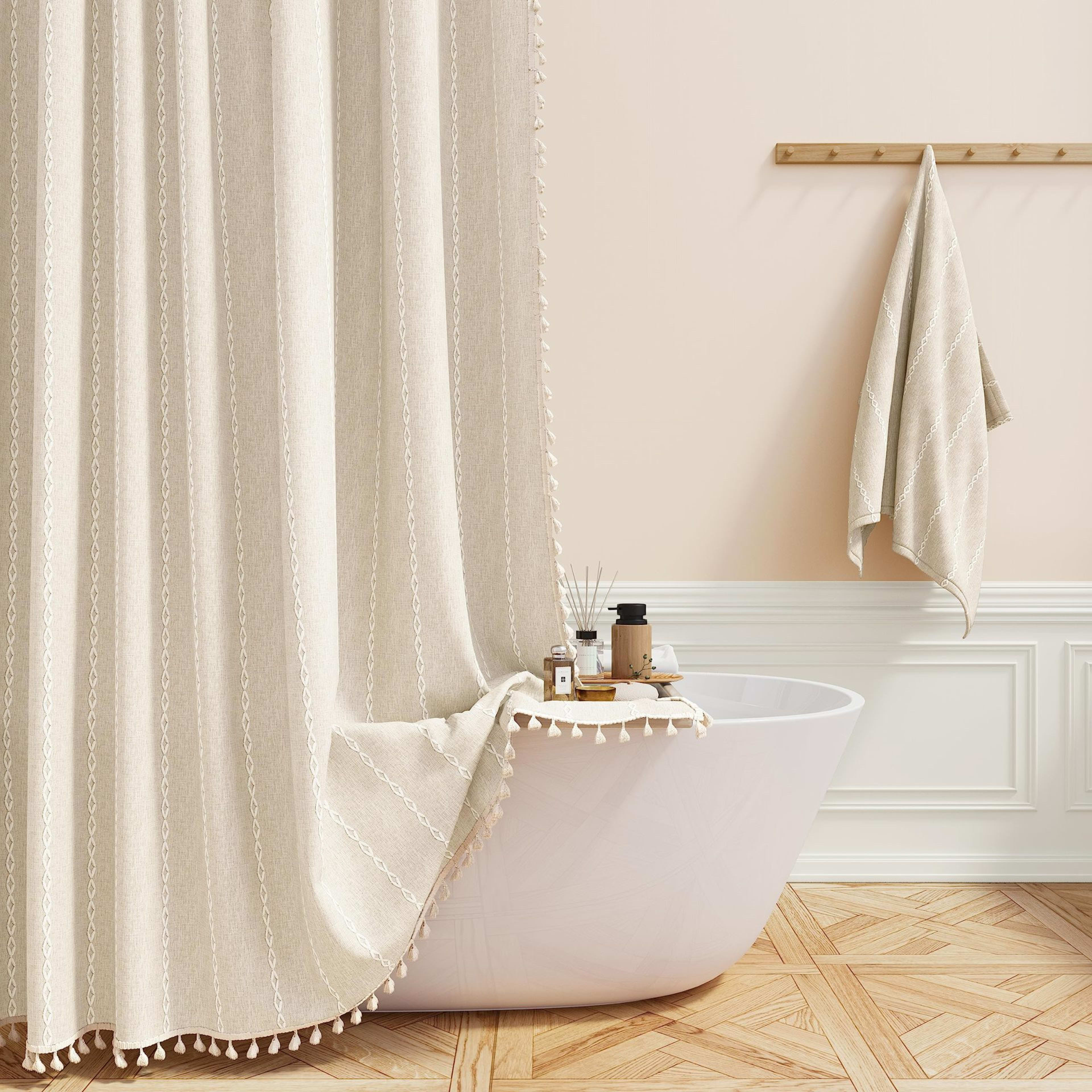 Tencel-linen Checkered Tassel Bathroom Checkered Partition Curtain Waterproof Shower Curtain 5