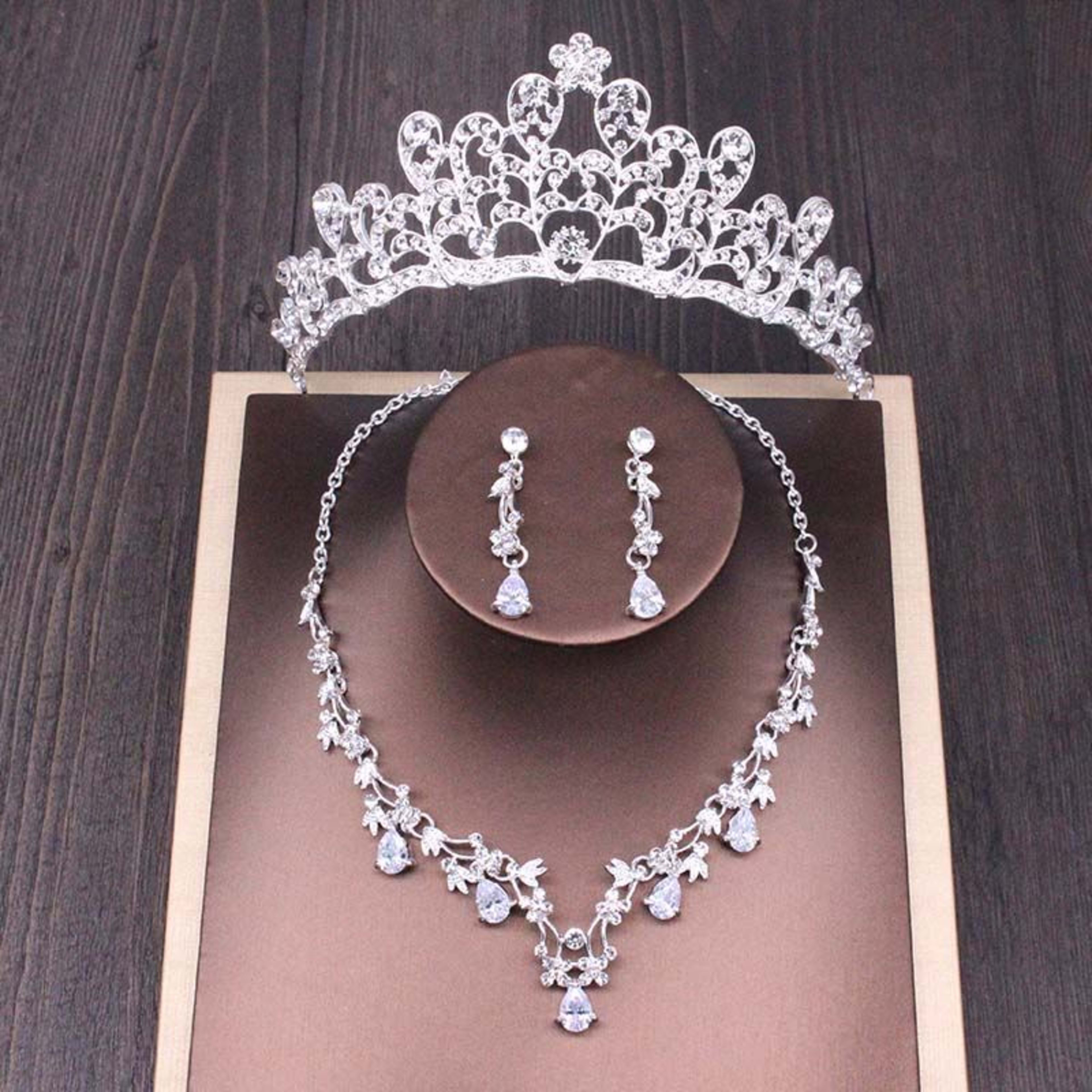 Bridal Rhinestone Crown Necklace Set Wedding Accessories 10