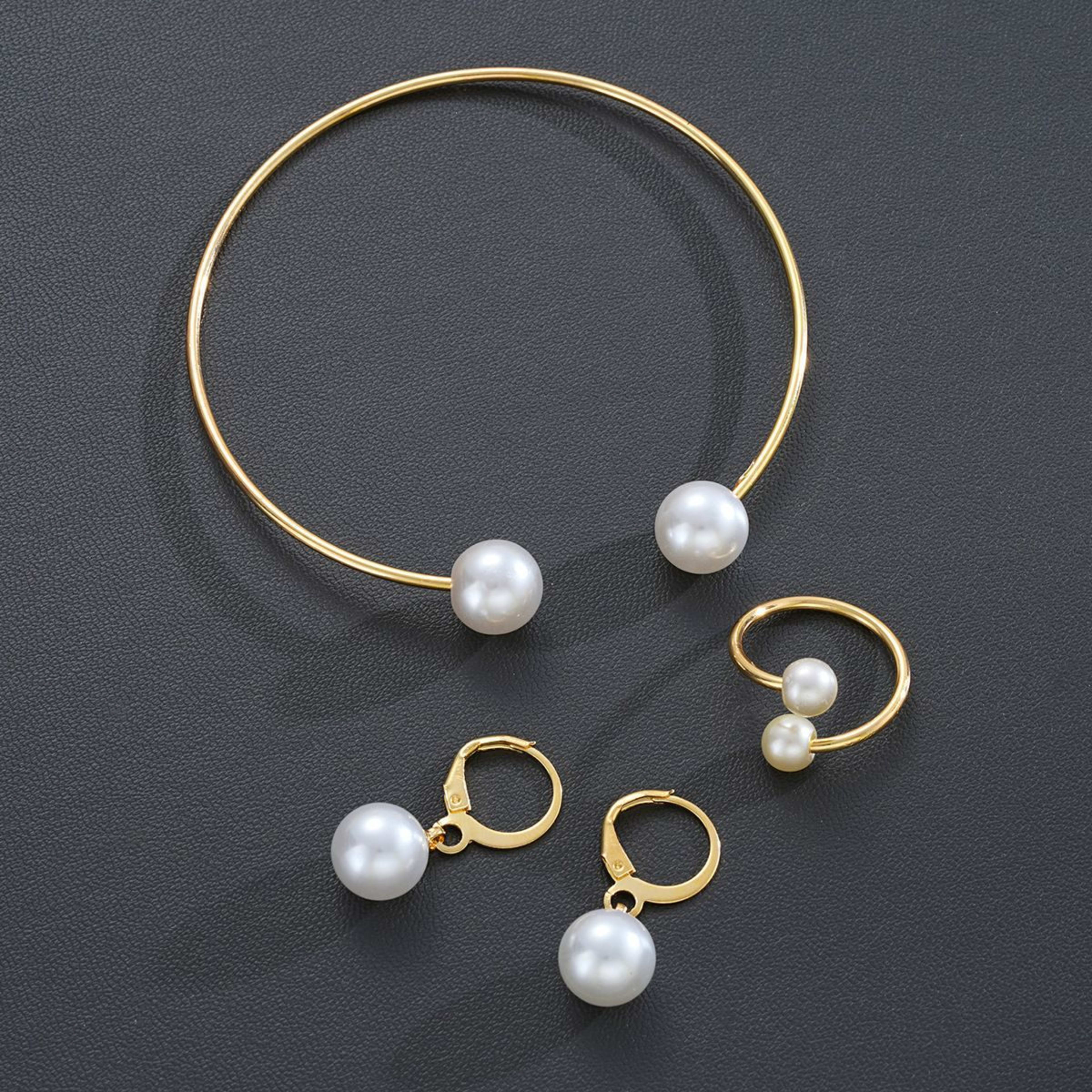 New Pearl Open Earrings Bracelet Ring Jewelry Set 5
