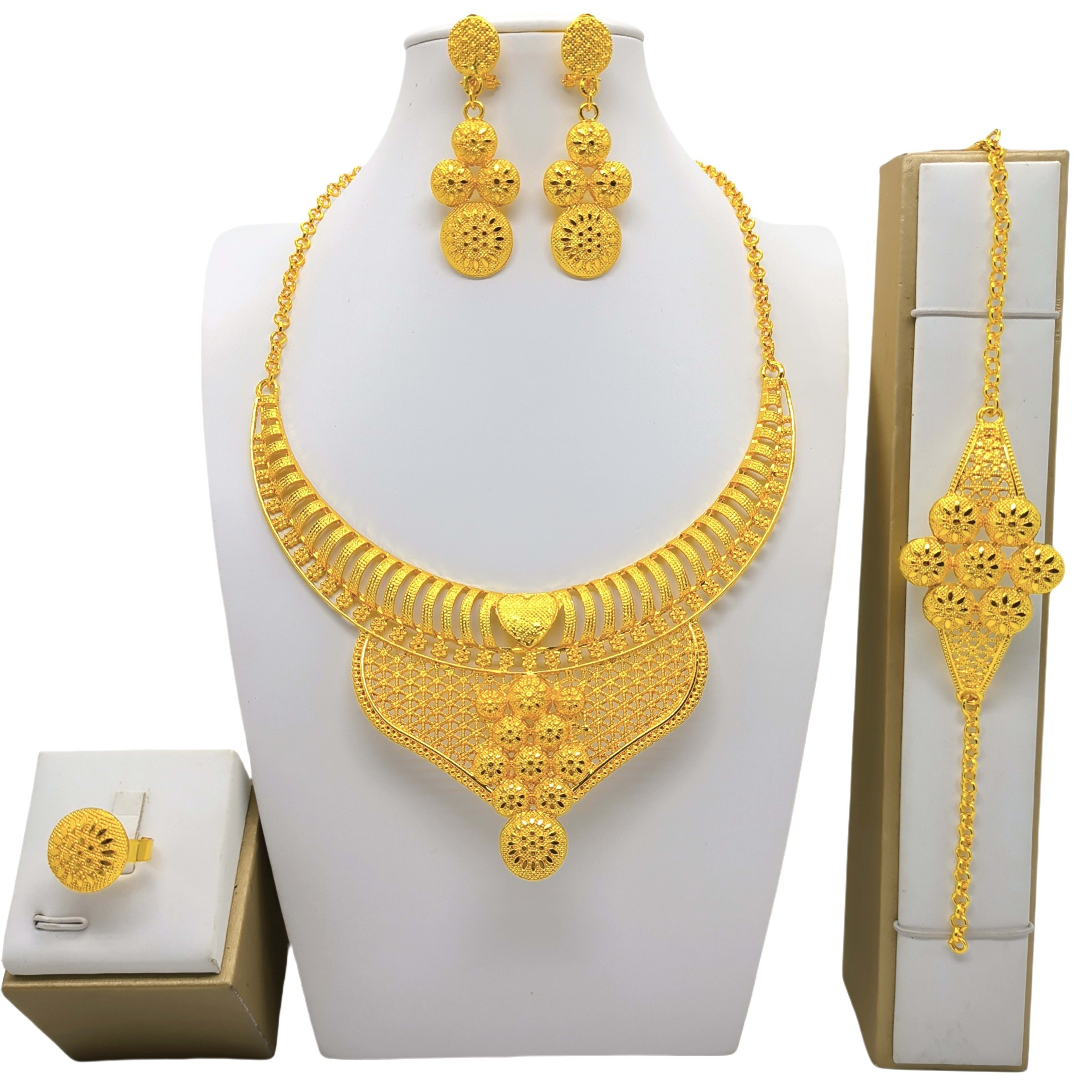 24K Gold Jewelry Suit Necklace Bracelet Earrings Four-piece Ring Set 3