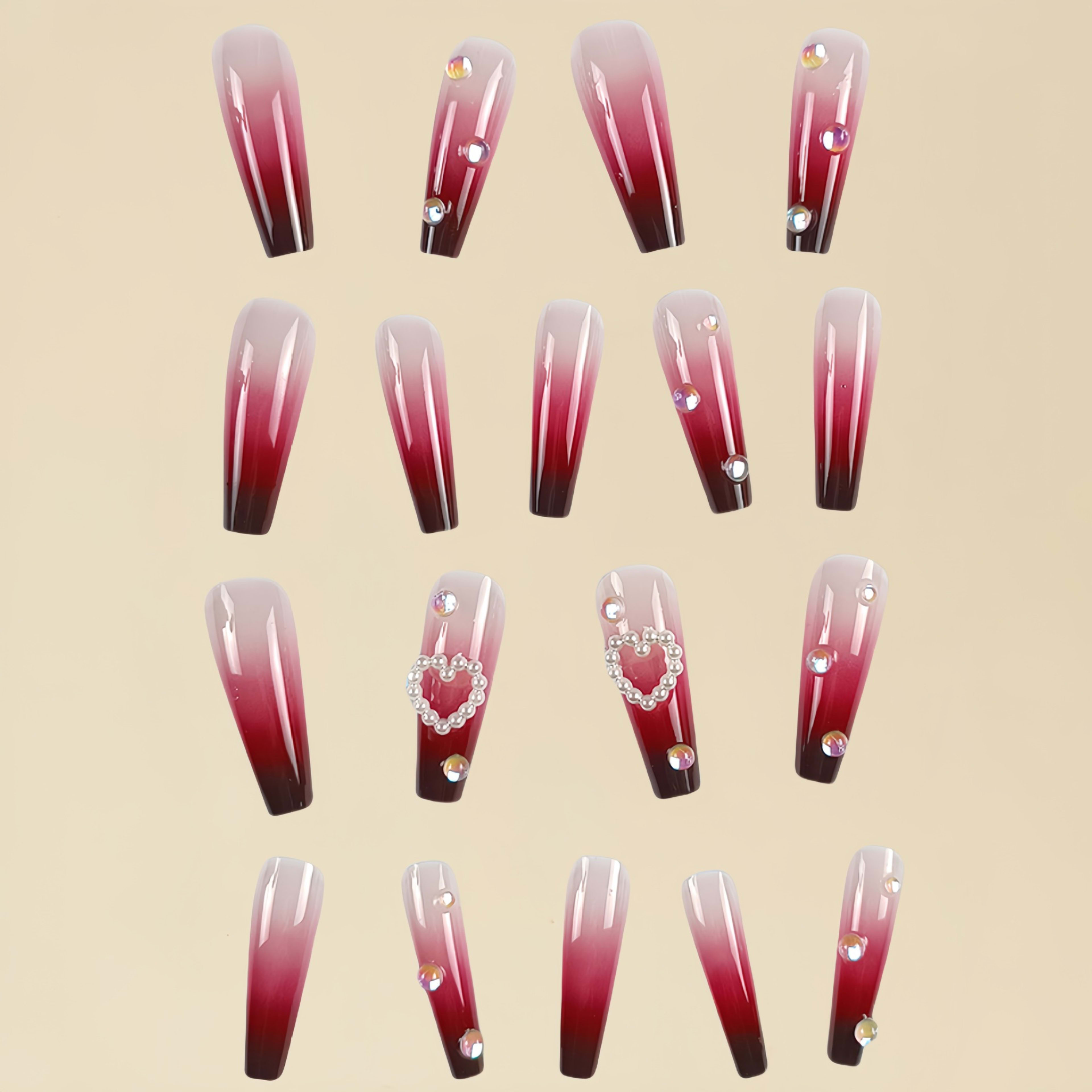 Pearl Heart Wine Red Gradient Wear Fake Nail Tip 4