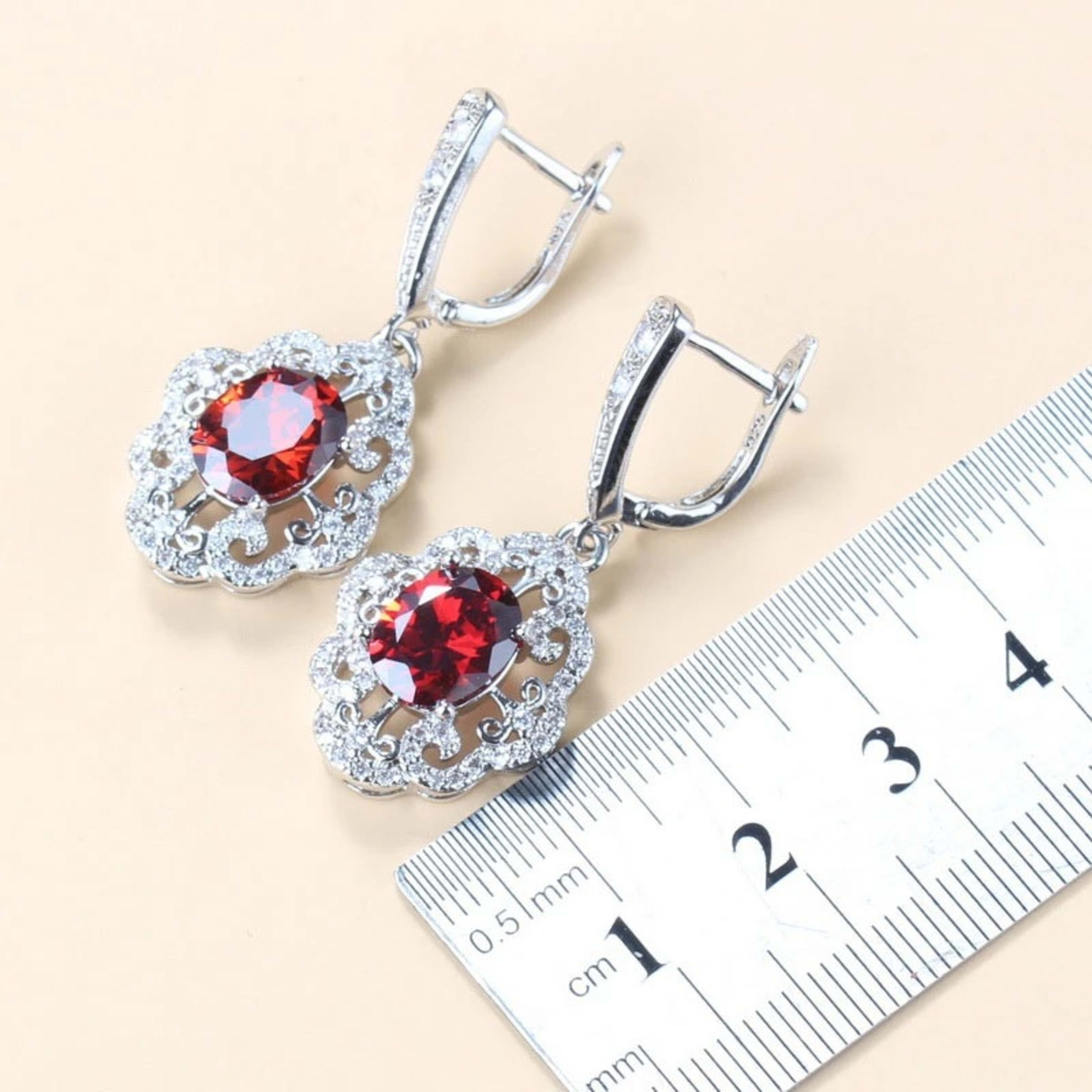 Garnet Cubic Zirconia Earrings Pendant Necklace Bracelet Ring Gift 4 PCs Set 2