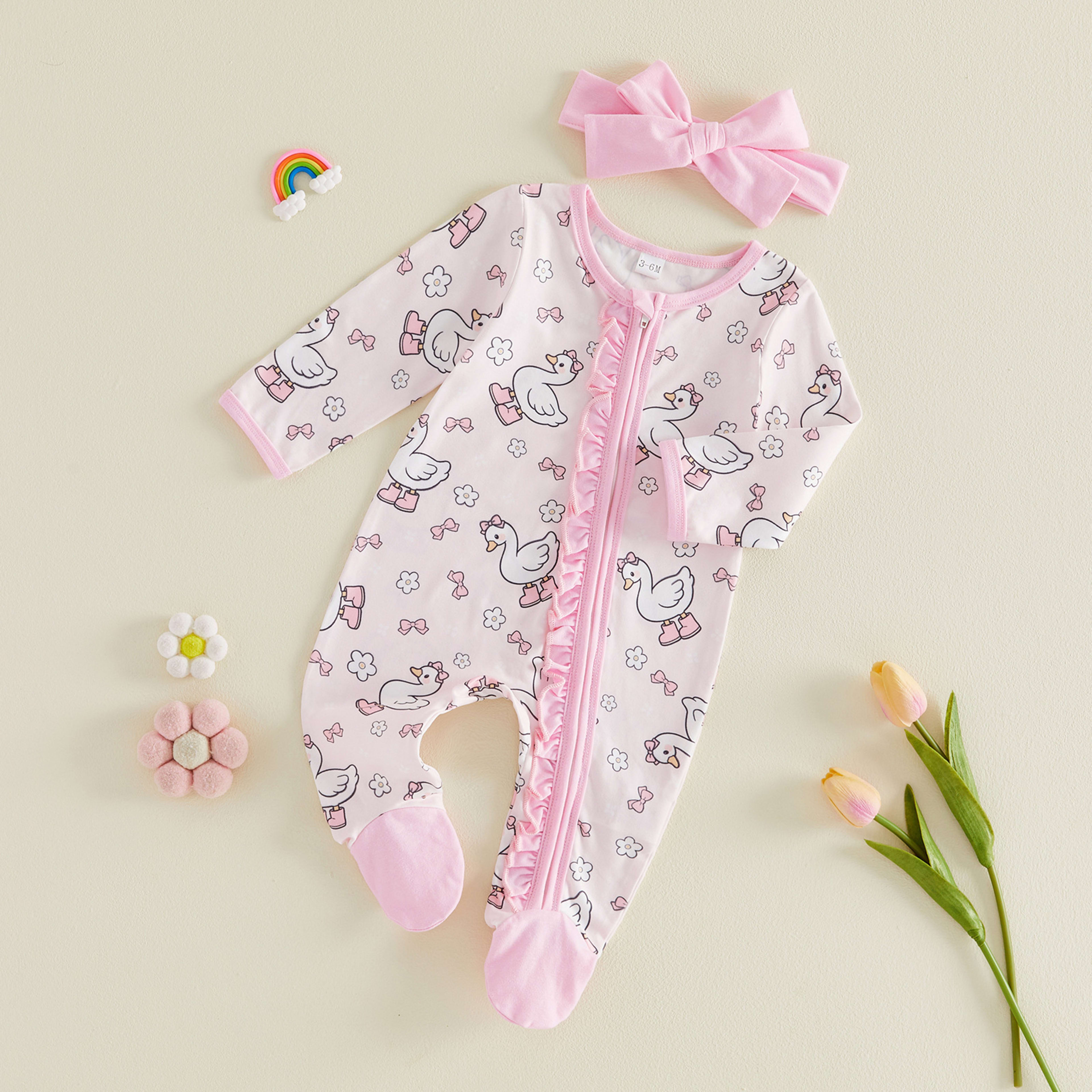 All-over Floral-print Zip-front Footed Romper Thin Style Headband 2