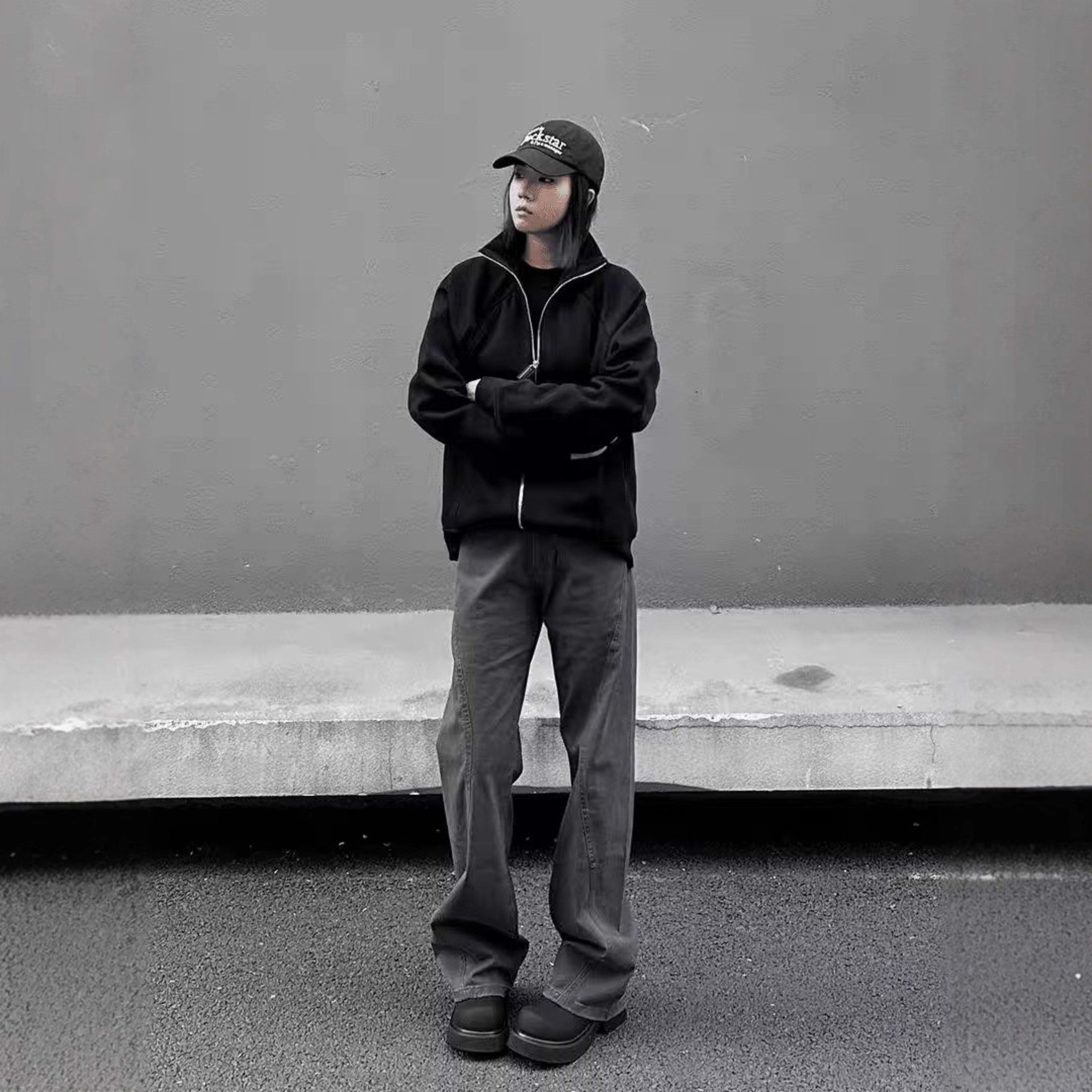 Retro Solid-color Curved-cut Stand-collar Zip-up Hoodie 6