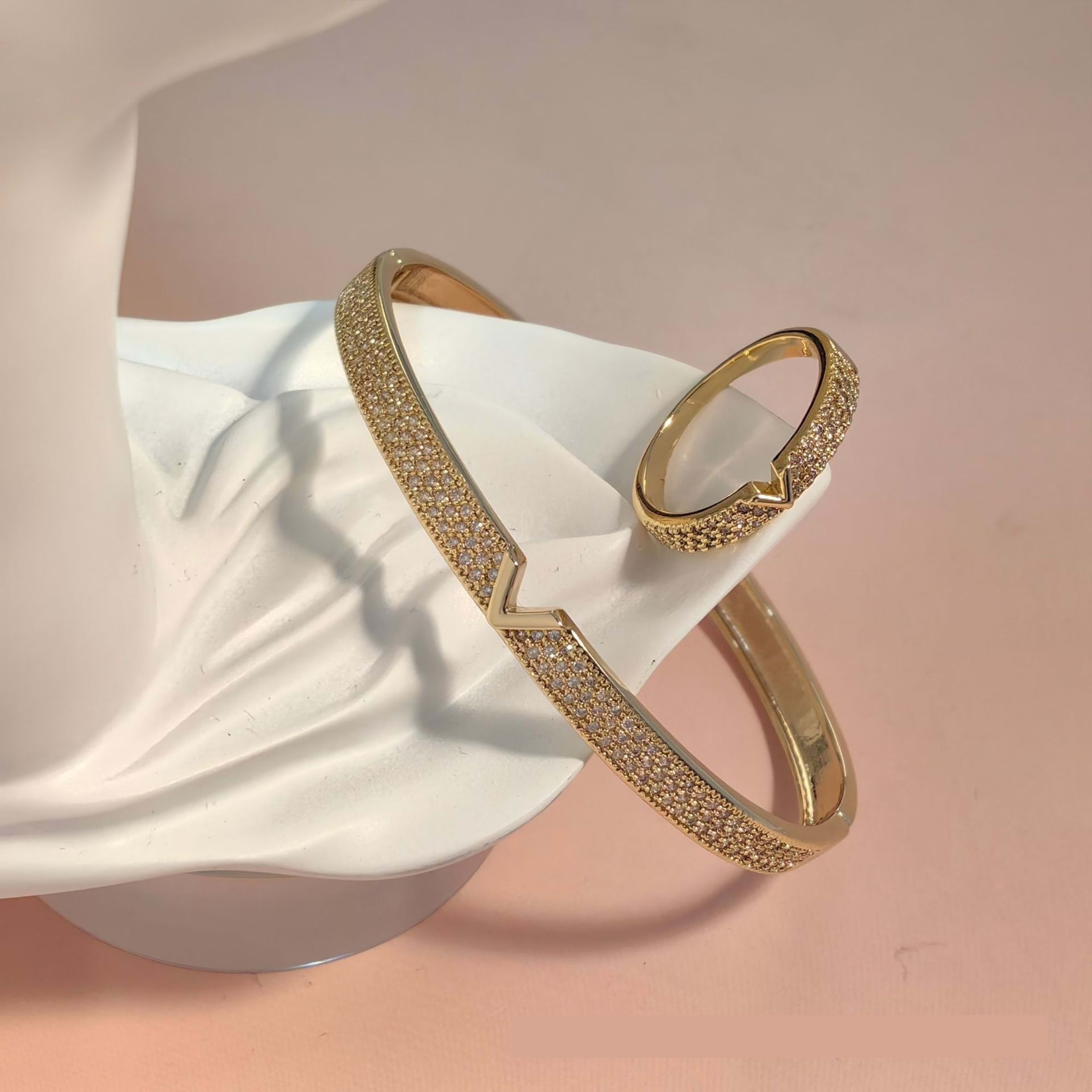 V-shaped 18K Genuine Gold Electroplated Bracelet Ring Set 1