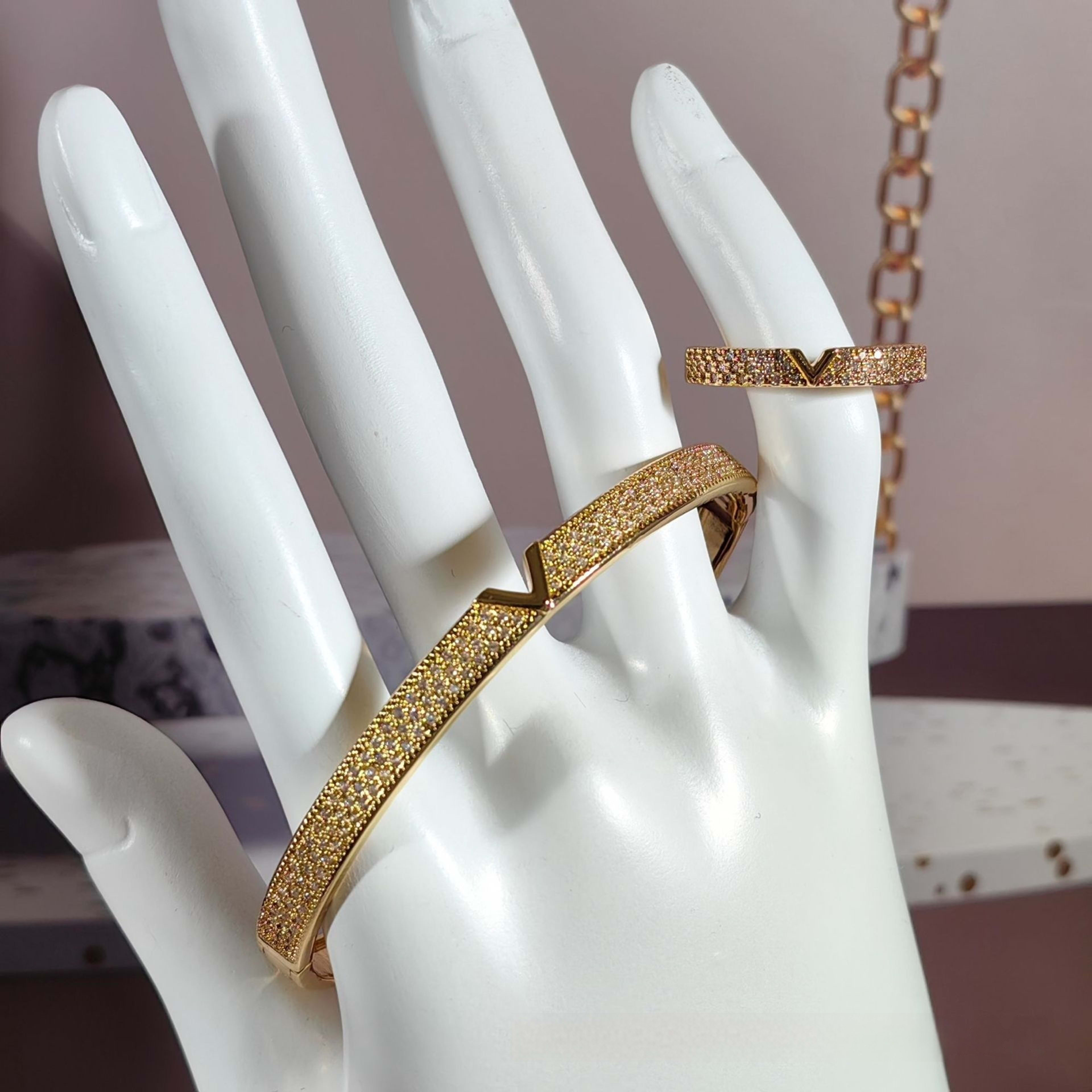 V-shaped 18K Genuine Gold Electroplated Bracelet Ring Set 2