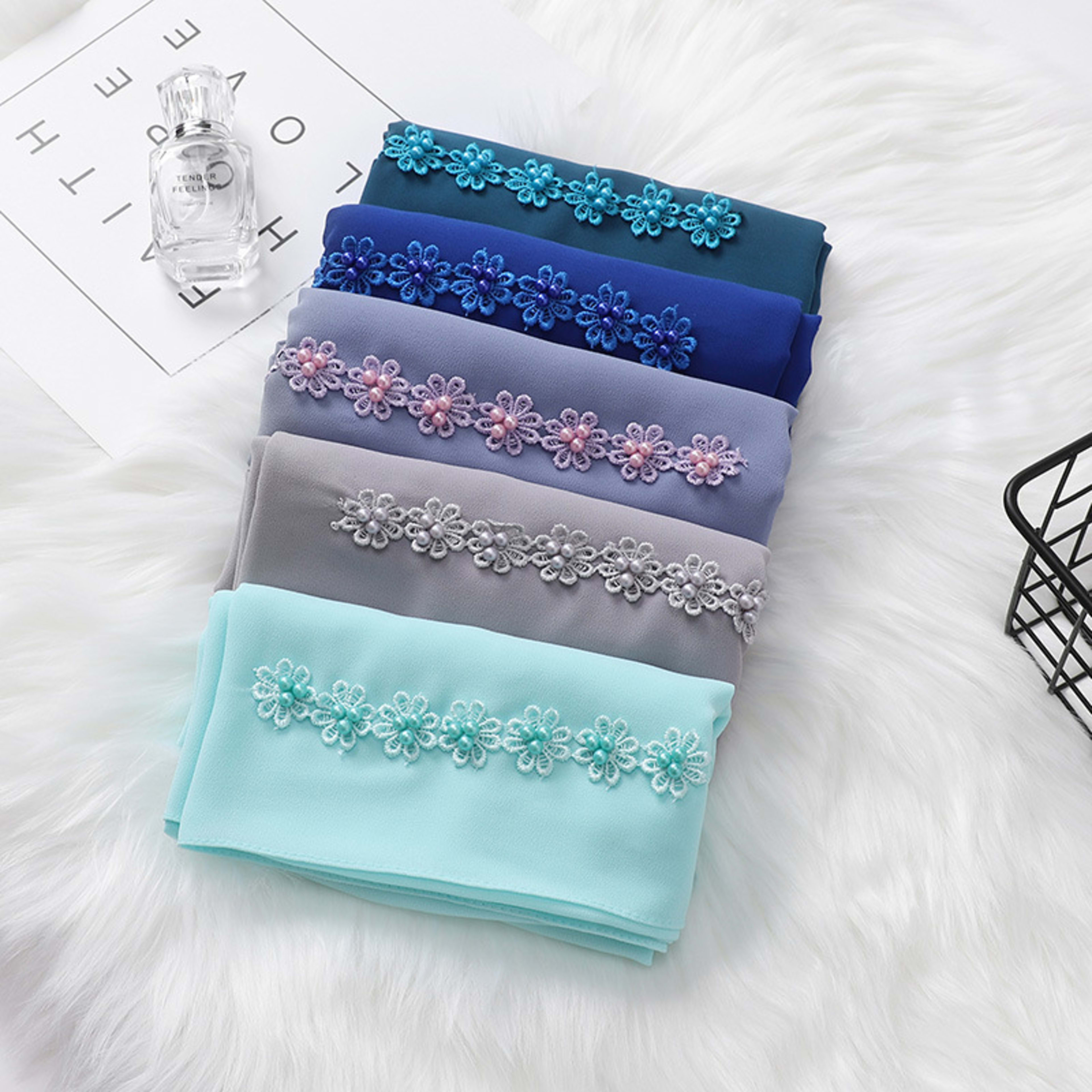 Pearl Chiffon Nail Pearl Decorative Headscarf 14