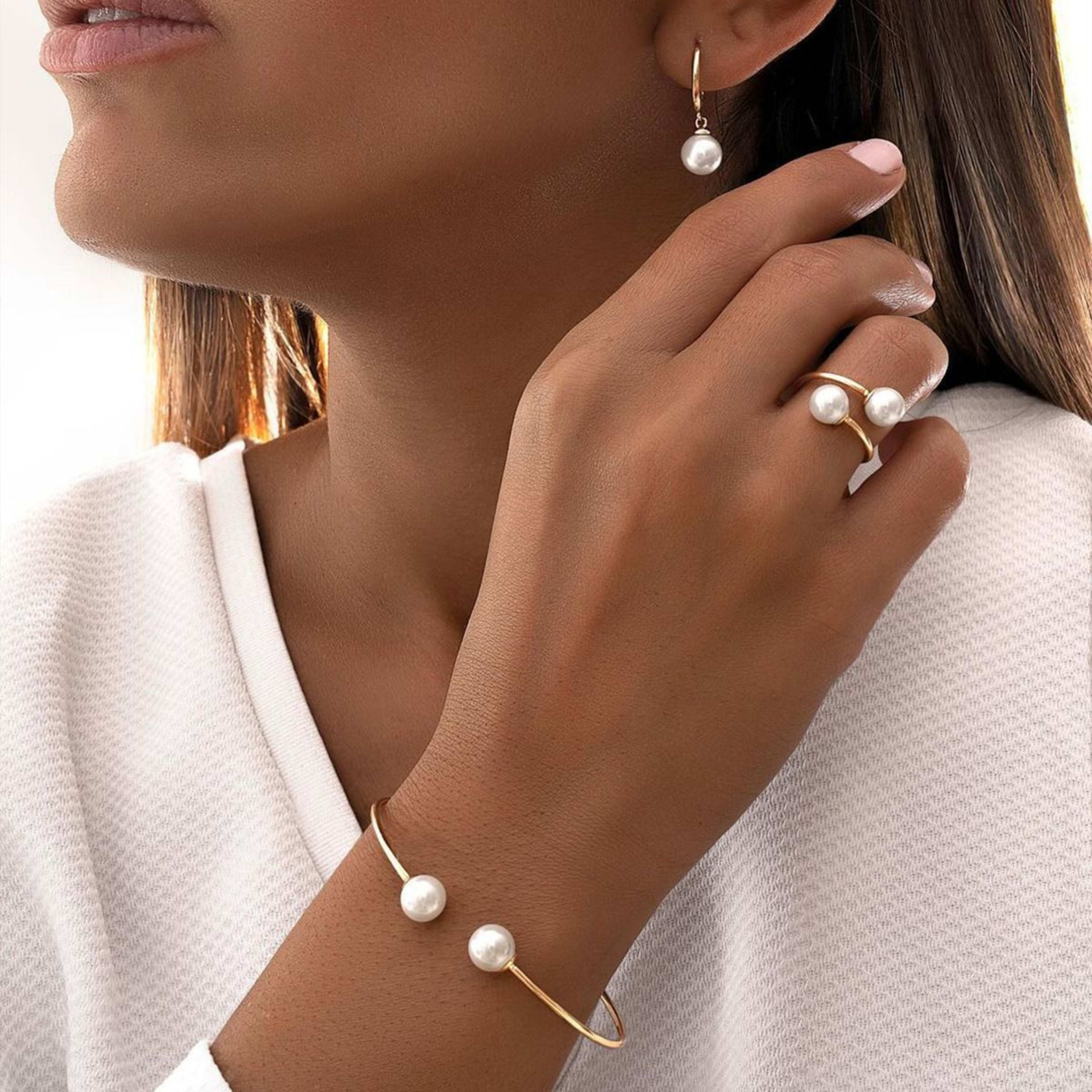 New Pearl Open Earrings Bracelet Ring Jewelry Set 2